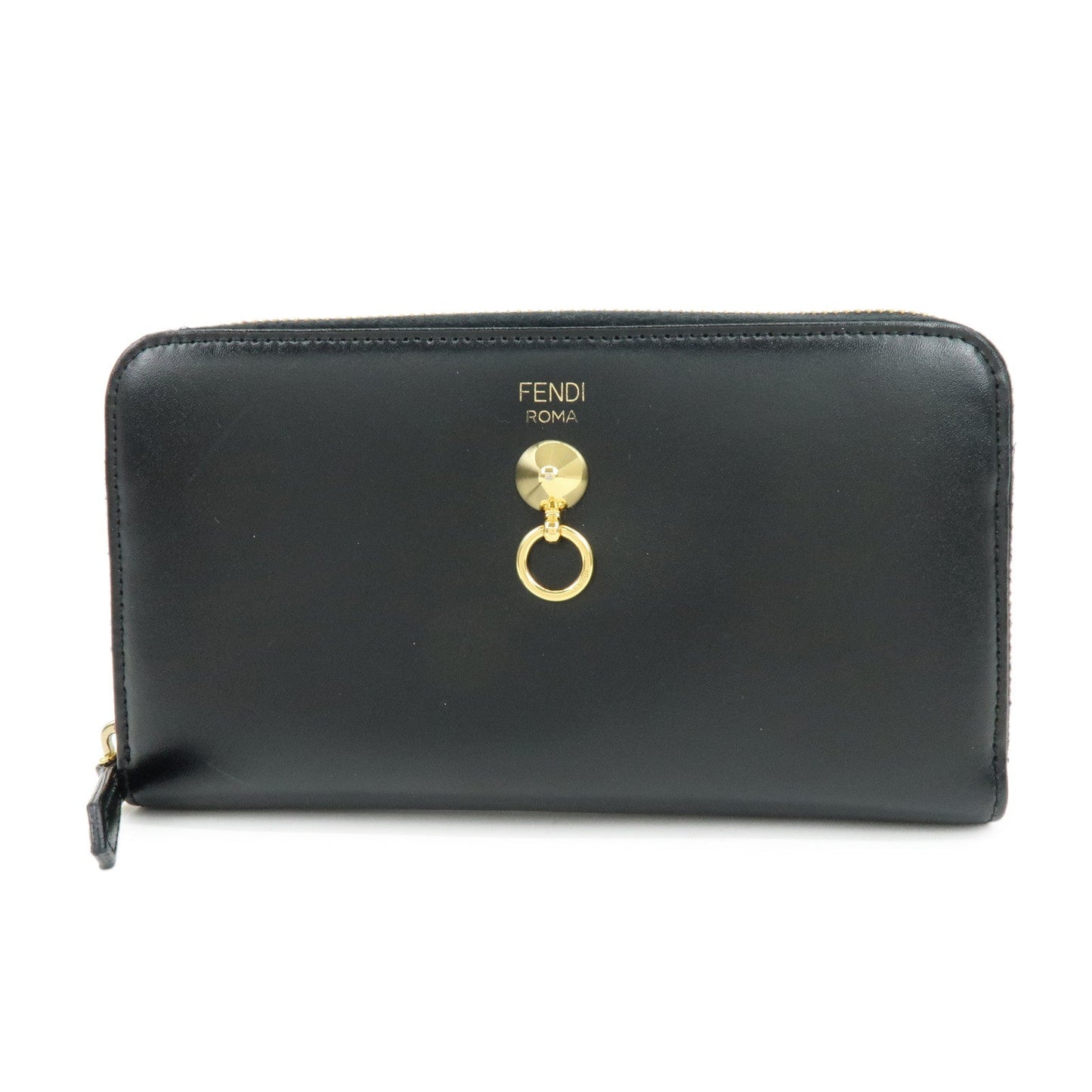 FENDI Leather Round Zippy Long Wallet Black 8M0299