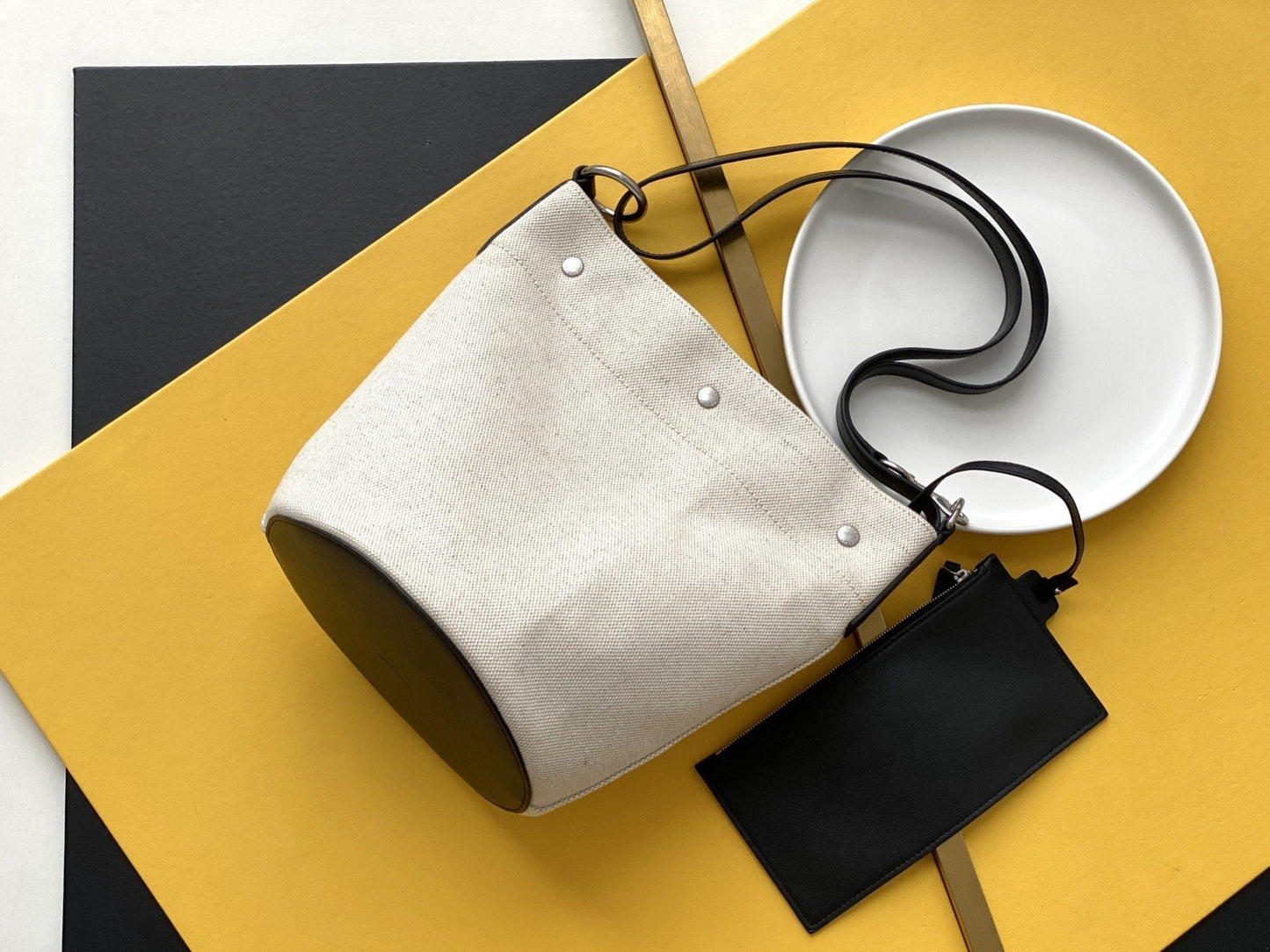 YSSL Rive Gauche Bucket Bag In Linen With Black Strap For Women 11in/30cm YSL 669299FAAAZ9024
