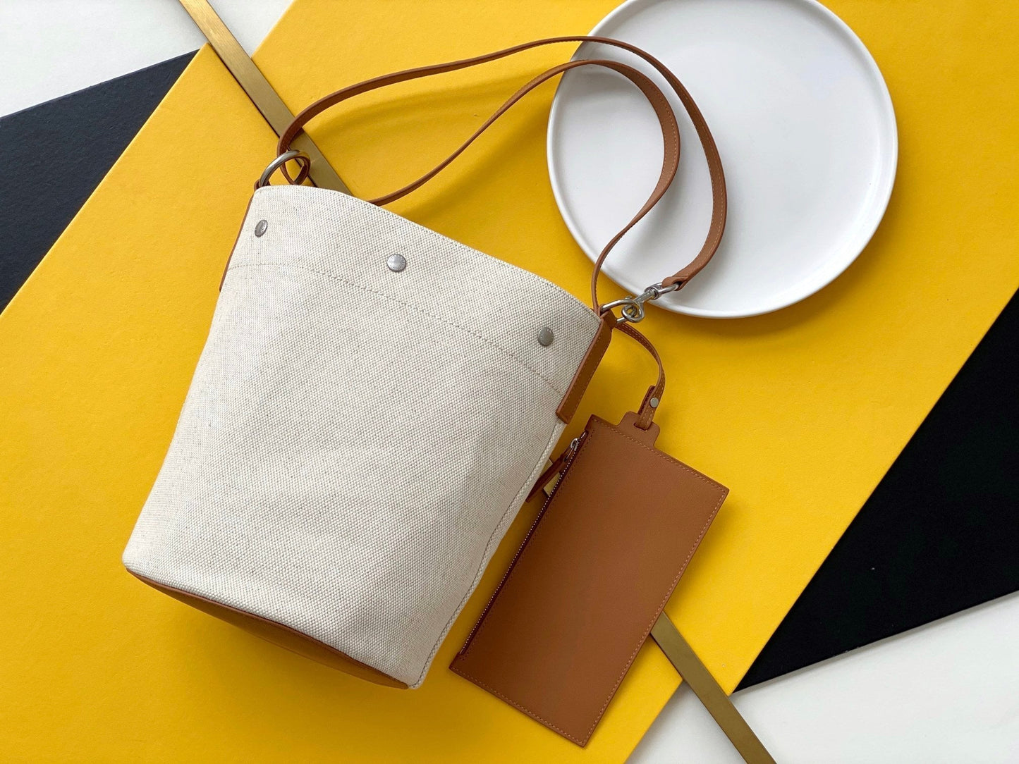 YSSL Rive Gauche Bucket Bag In Linen With Brown Strap For Women 11in/30cm YSL 669299FAABK9053