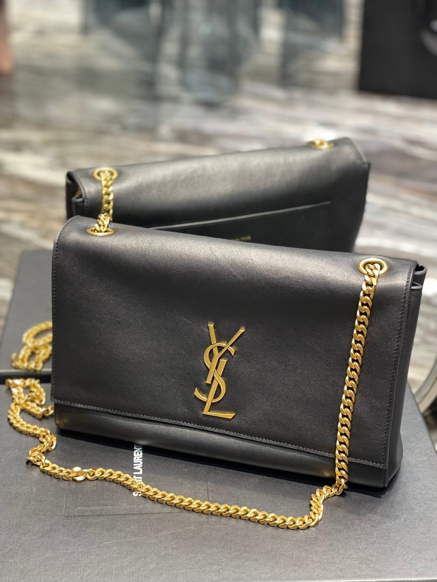 YSSL Kate Medium Reversible Chain Bag Black In Suede With Gold Hardware For Women 11in/29cm YSL