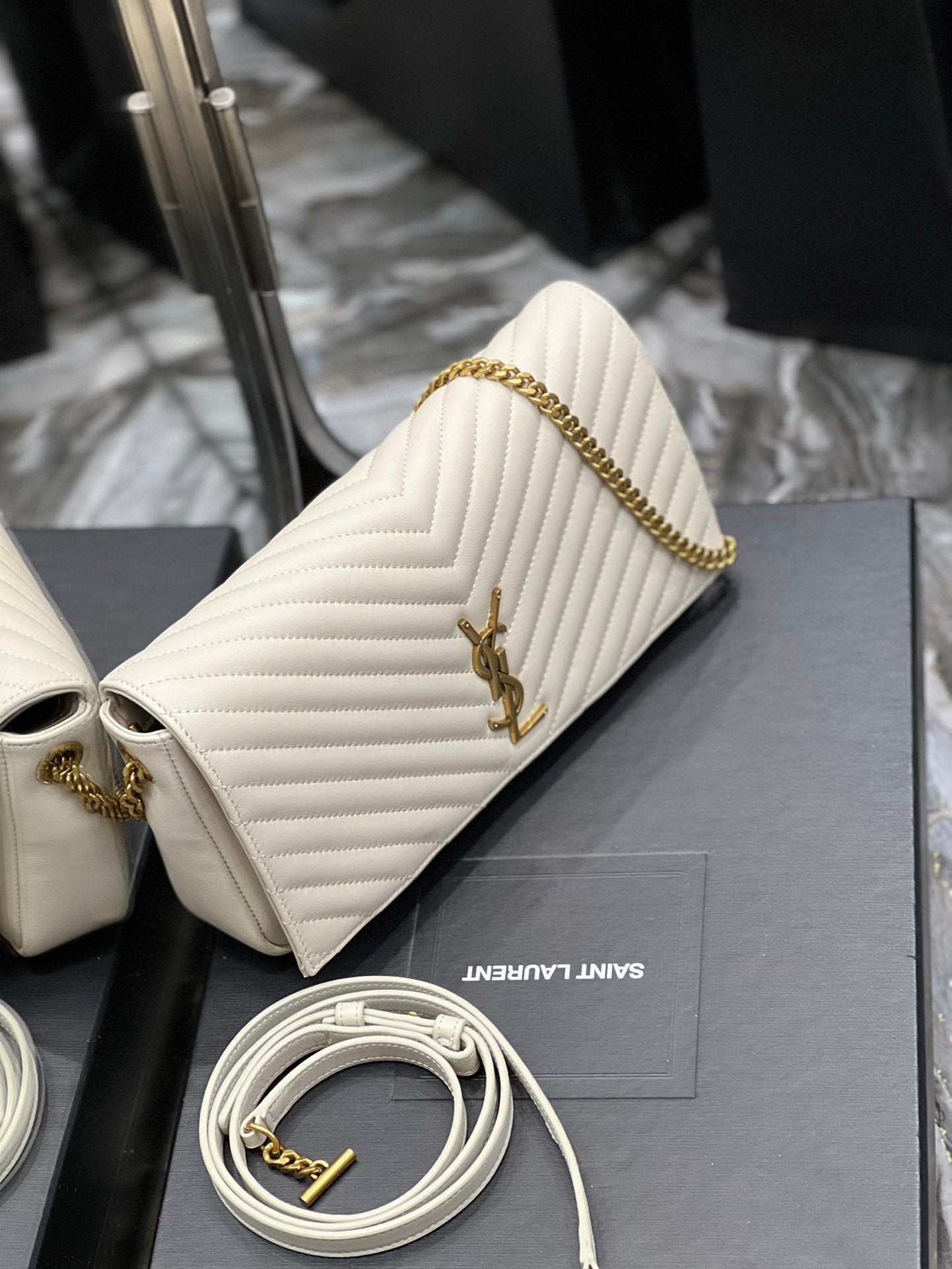 YSSL Kata 99 Chain Bag White With Gold Hardware For Women 10in/26cm YSL