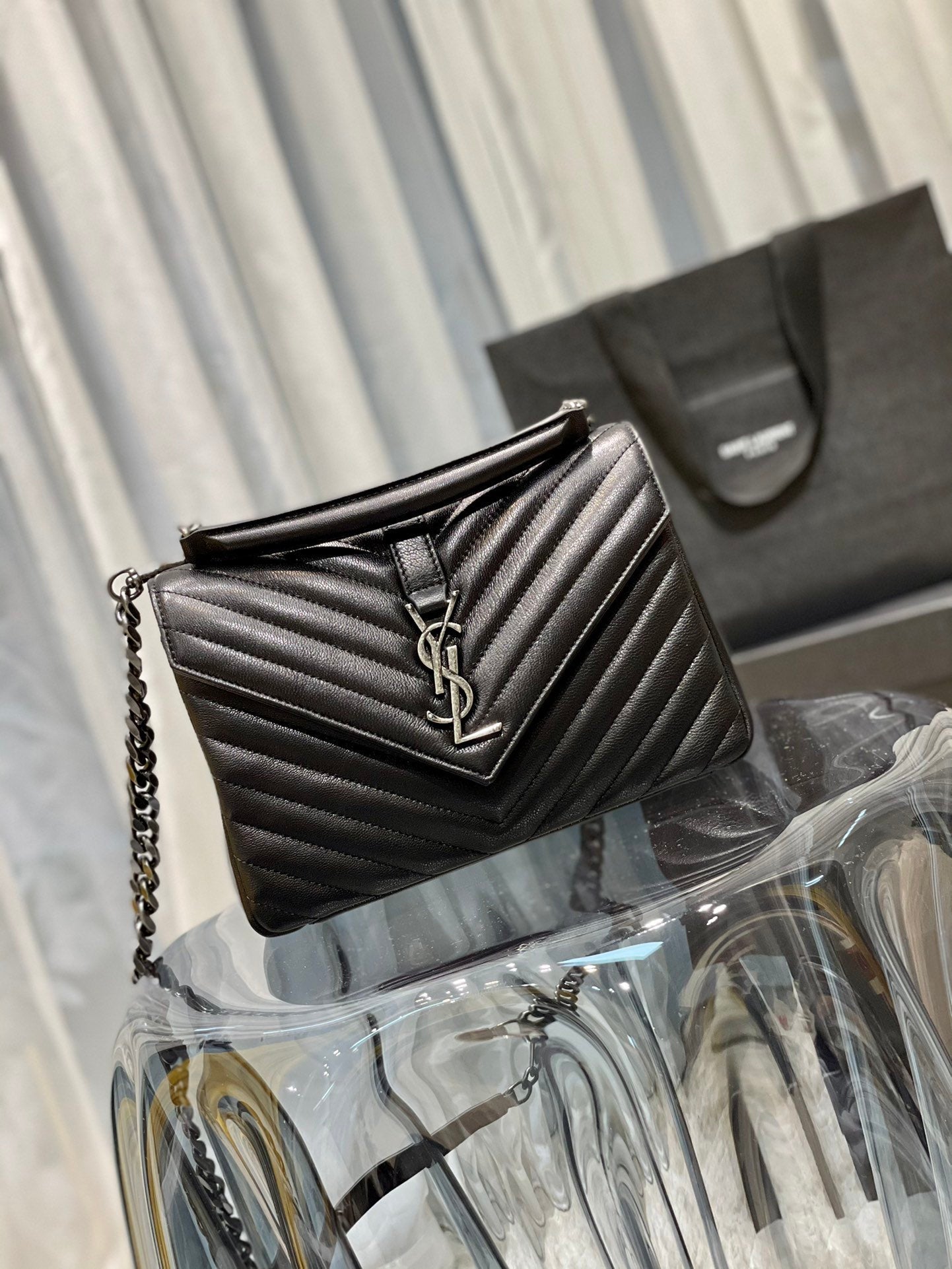 YSSL College Medium Chain Bag Black Silver Toned Hardware For Women 9in/24cm YSL 600279BRM041000