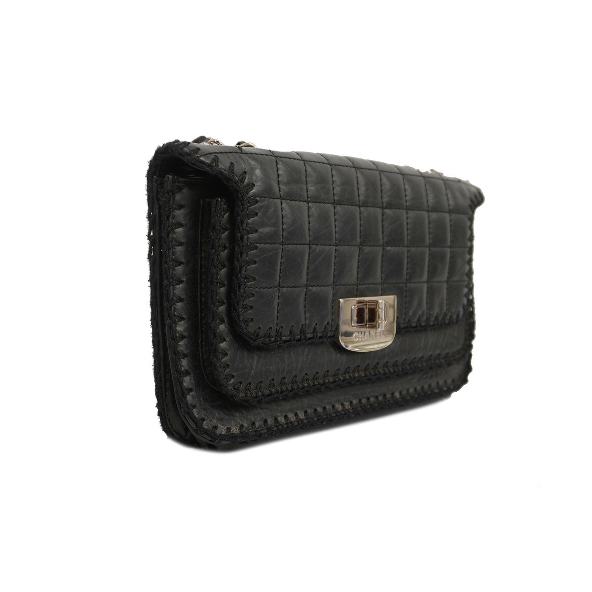 Chanel Shoulder Bag Chocolate Bar W Chain Leather Black