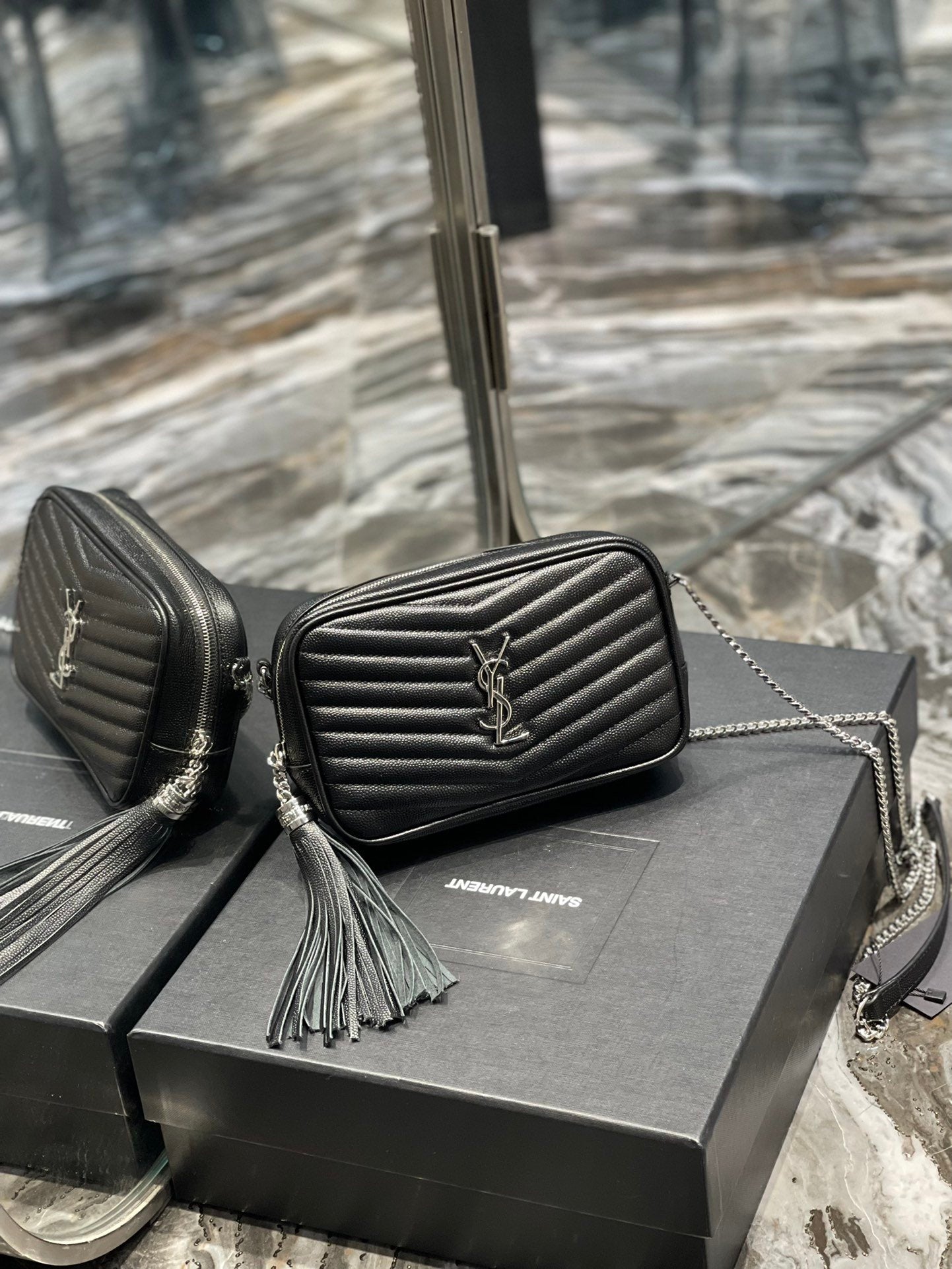 YSSL Lou Mini Bag Black In Quilted Grain De Poudre With Silver Toned Hardware For Women 7in/19cm YSl 6125791GF021000