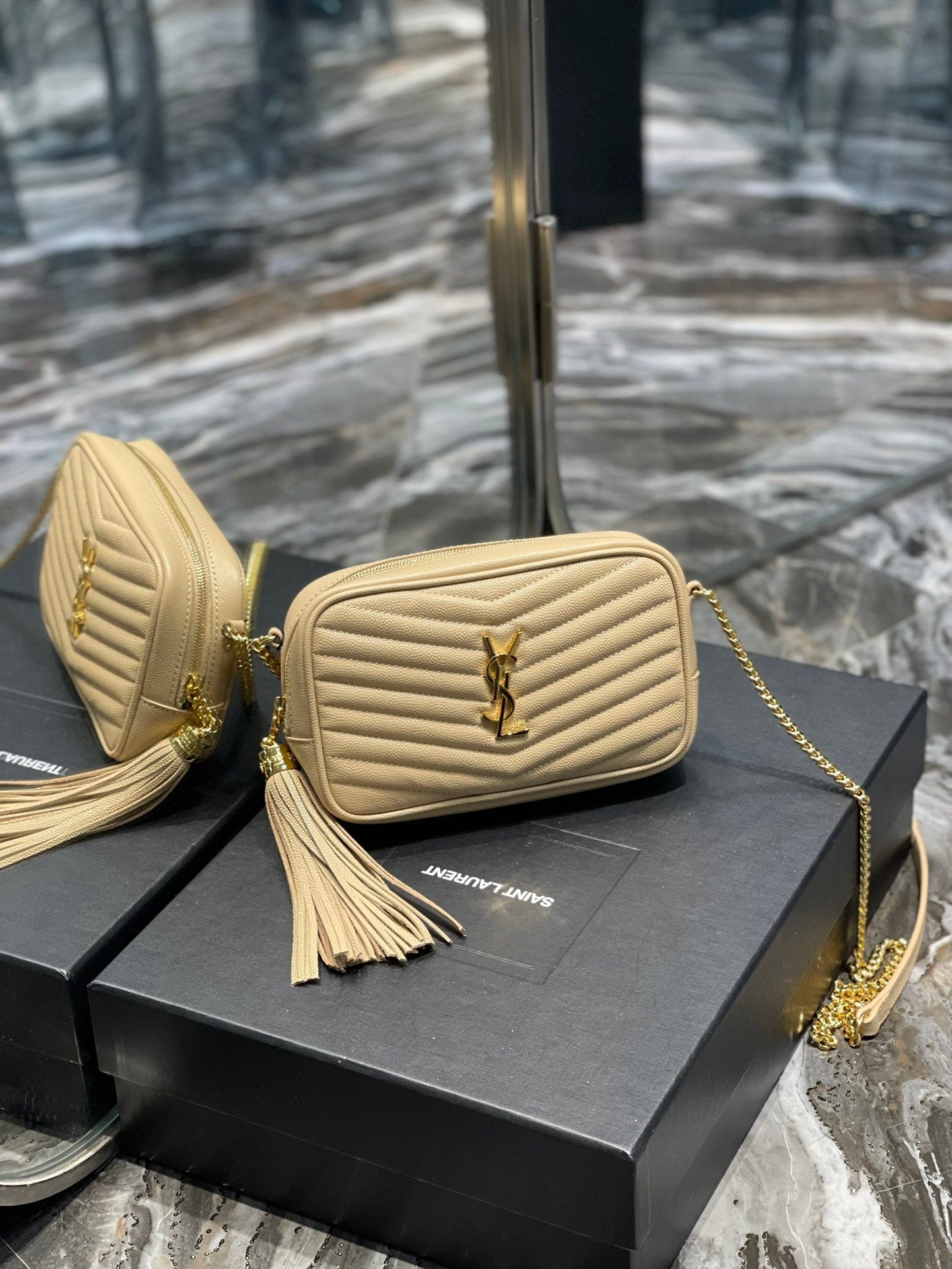 YSSL Lou Mini Bag Beige In Quilted Grain De Poudre With Gold Hardware For Women 7in/19cm YSl 6125791GF012721