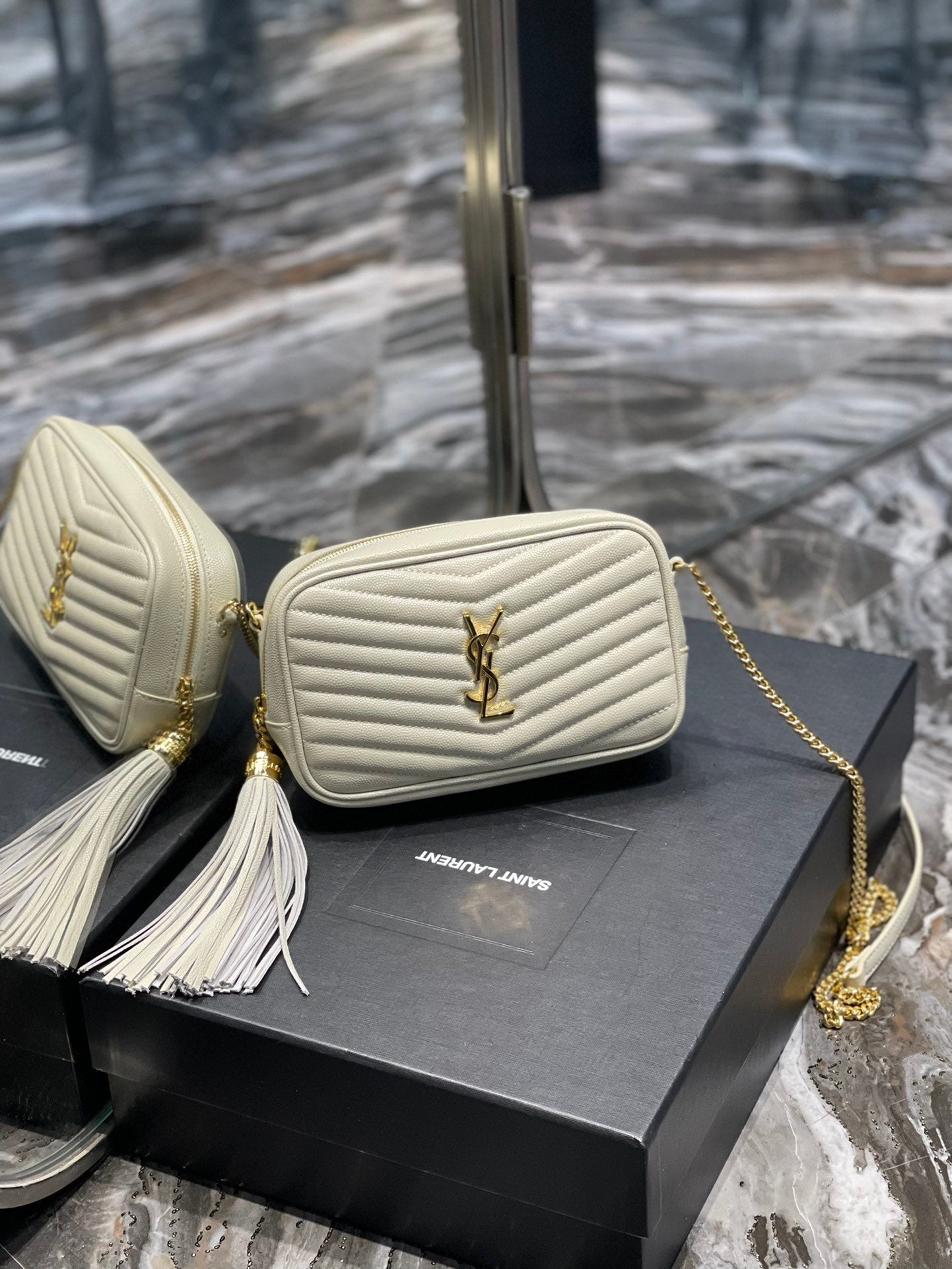 YSSL Lou Mini Bag White In Quilted Grain De Poudre With Gold Hardware For Women 7in/19cm YSl 6125791GF019207