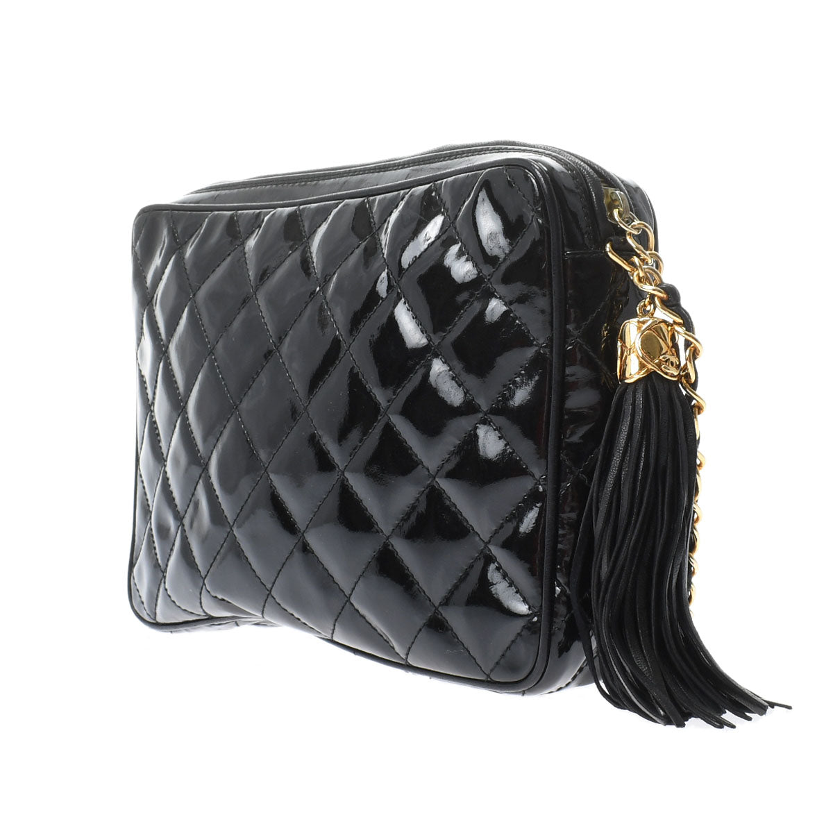 Chanel Matelasse Fringe Chain Shoulder Black Gold Hardware Patent Calfskin Shoulder Bag