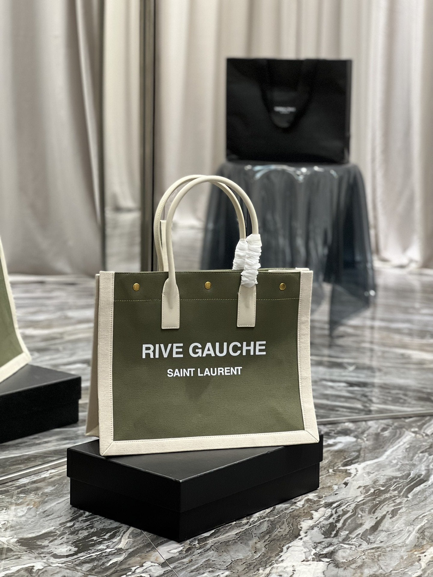 YSSL Rive Gauche Small Tote Bag In Linen Military Green For Women 15in/39cm YSL 617481FAADI3281