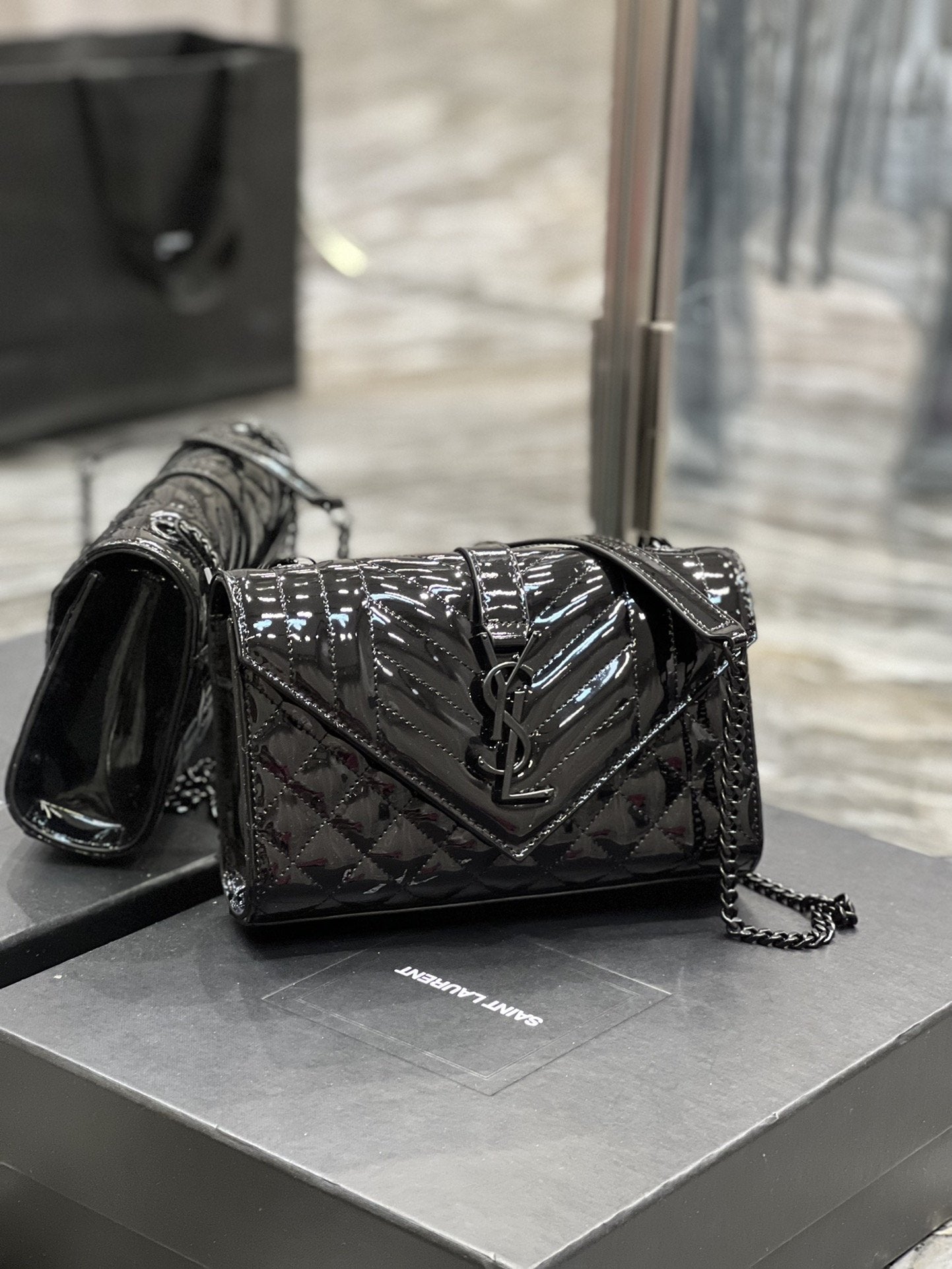 Top Quality Envelope Small Bag Black In Mix Matelassé Grain De Poudre Embossed Material For Women 8.2in/21cm YSL