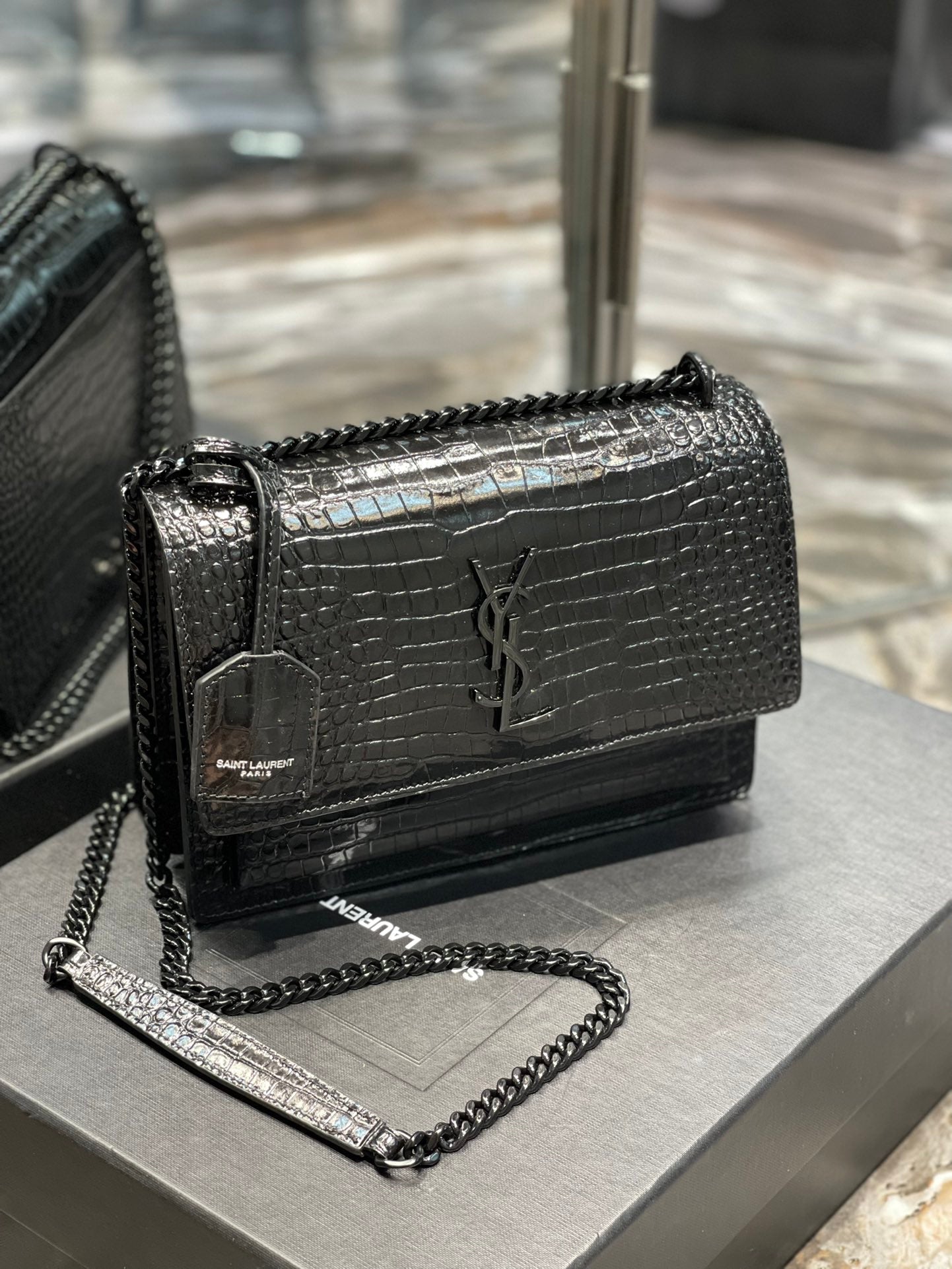 YSSL Sunset Medium Chain Bag Black For Women 8in/22cm YSL 442906DND0U1000
