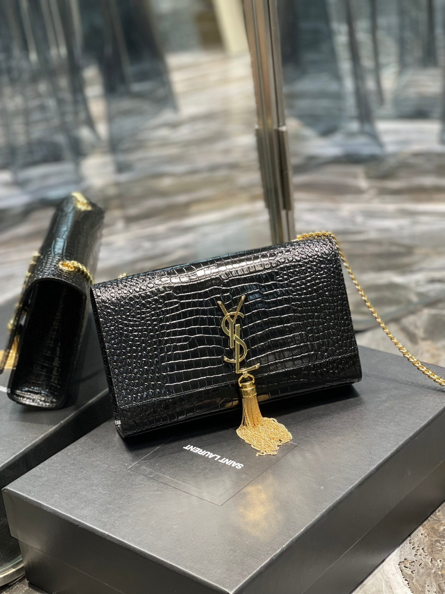 YSSL Kata Medium Chain Bag Black With Tassel For Women 9in/24cm YSL 354119DND0J1000