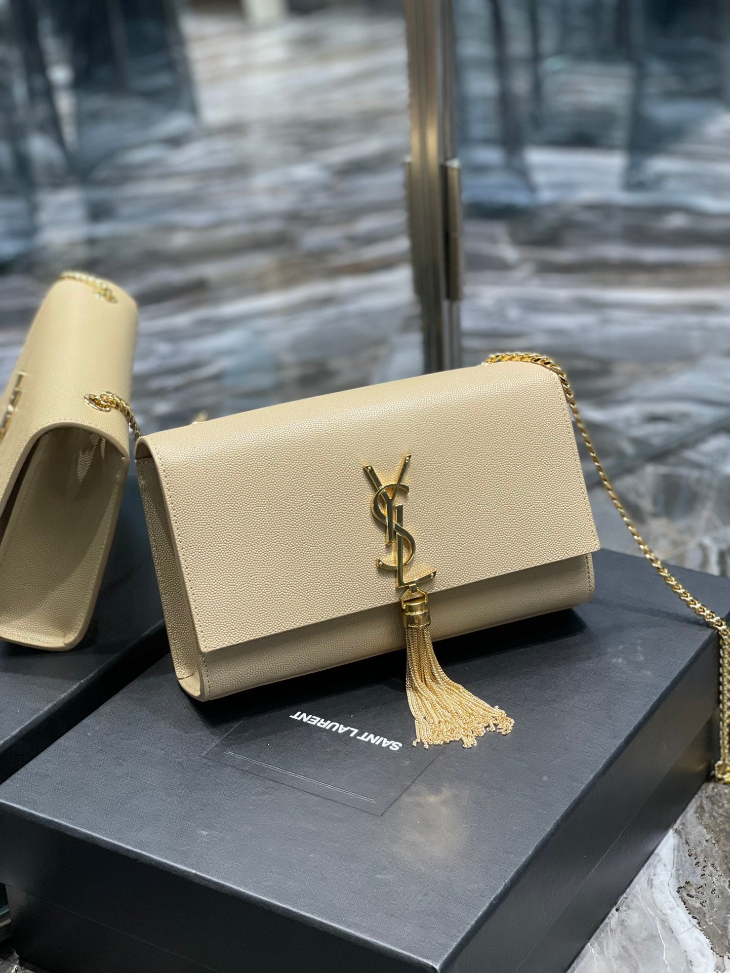 YSSL Kata Medium Chain Bag Beige With Tassel For Women 9in/24cm YSL
