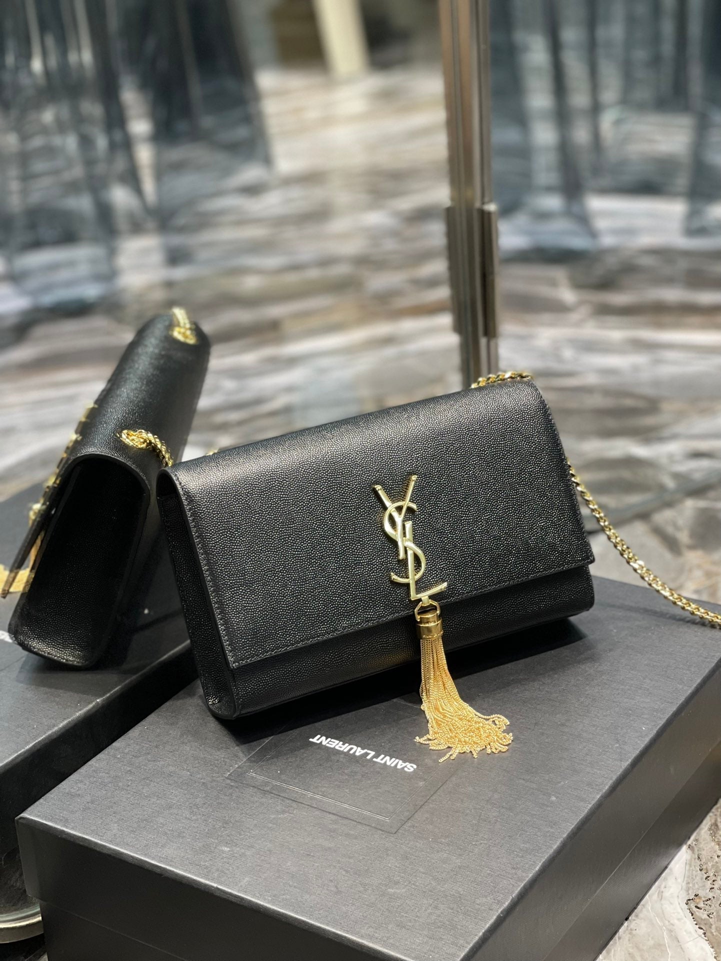 YSSL Kata Medium Chain Bag Black With Tassel For Women 9in/24cm YSL 354119BOW0J1000