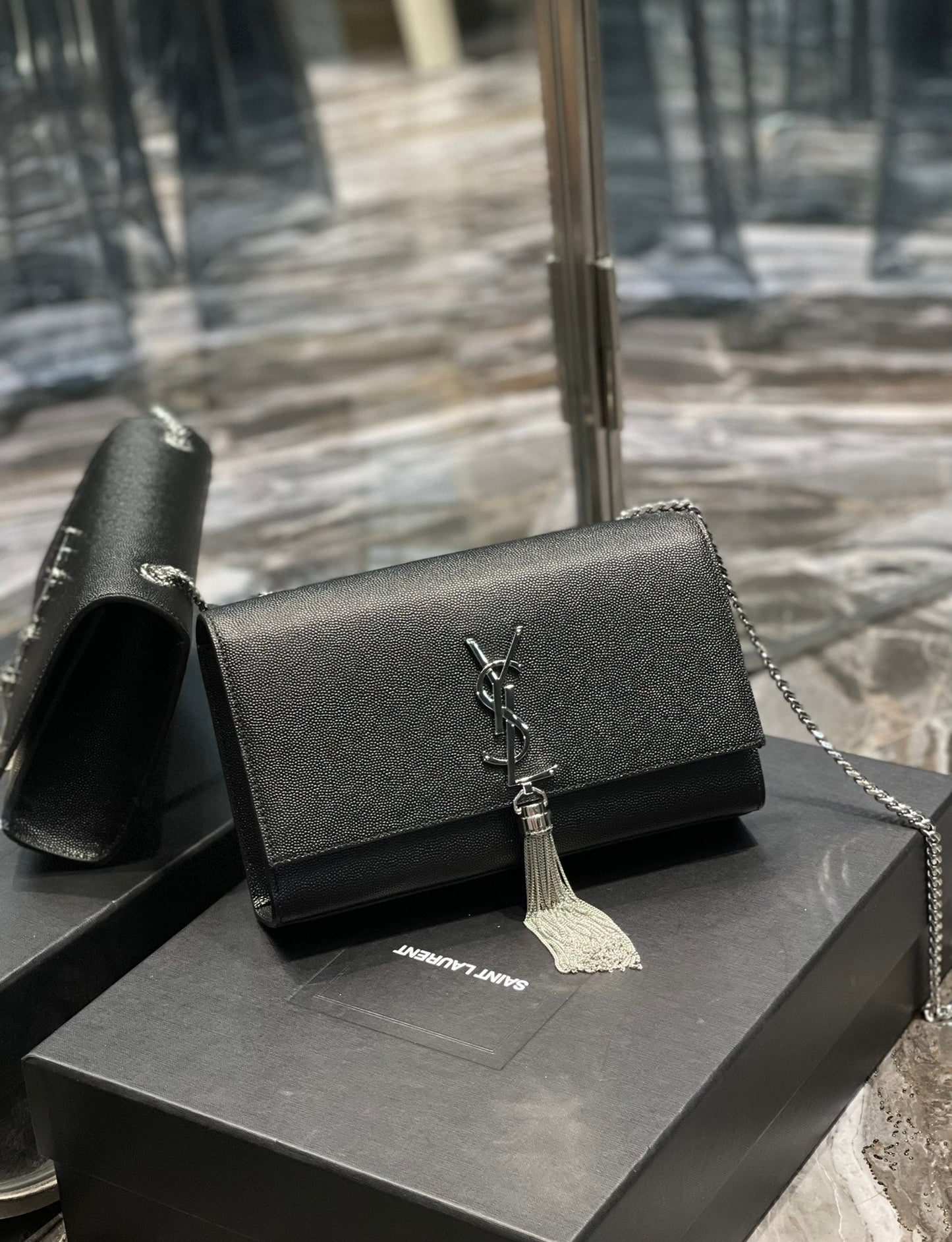 YSSL Kata Medium Chain Bag Black With Tassel For Women 9in/24cm YSL 354119BOW0N1000