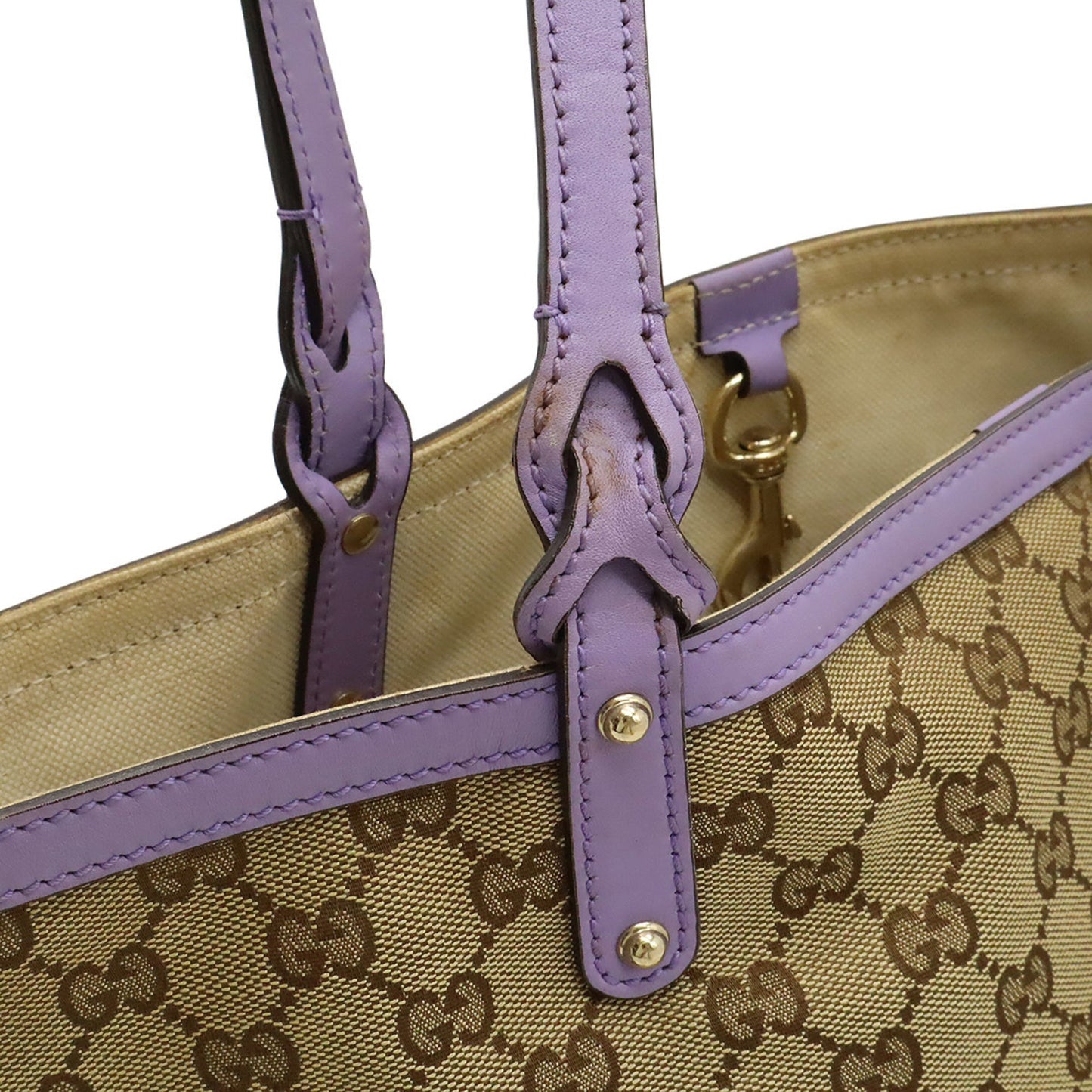 Gucci Beige Khaki Purple Gg Canvas Leather Shoulder Bag Tote Bag ( )