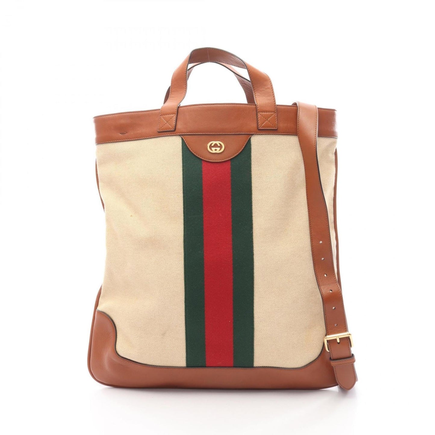 Gucci Beige Brown Canvas Leather Tote Bag ( )