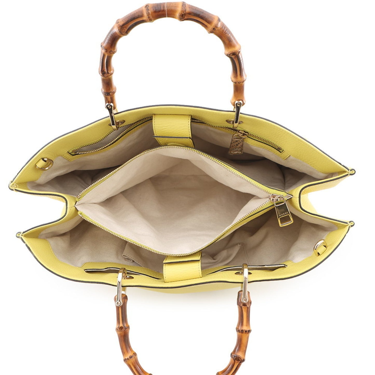 Gucci Beige Champagne Gold Yellow Bamboo Leather Tote Bag ( )