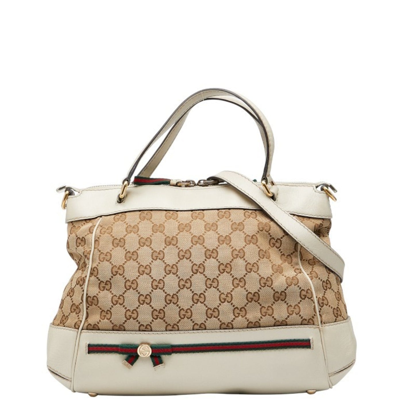 Gucci Beige Ivory Canvas Leather Shoulder Bag Tote Bag ( )