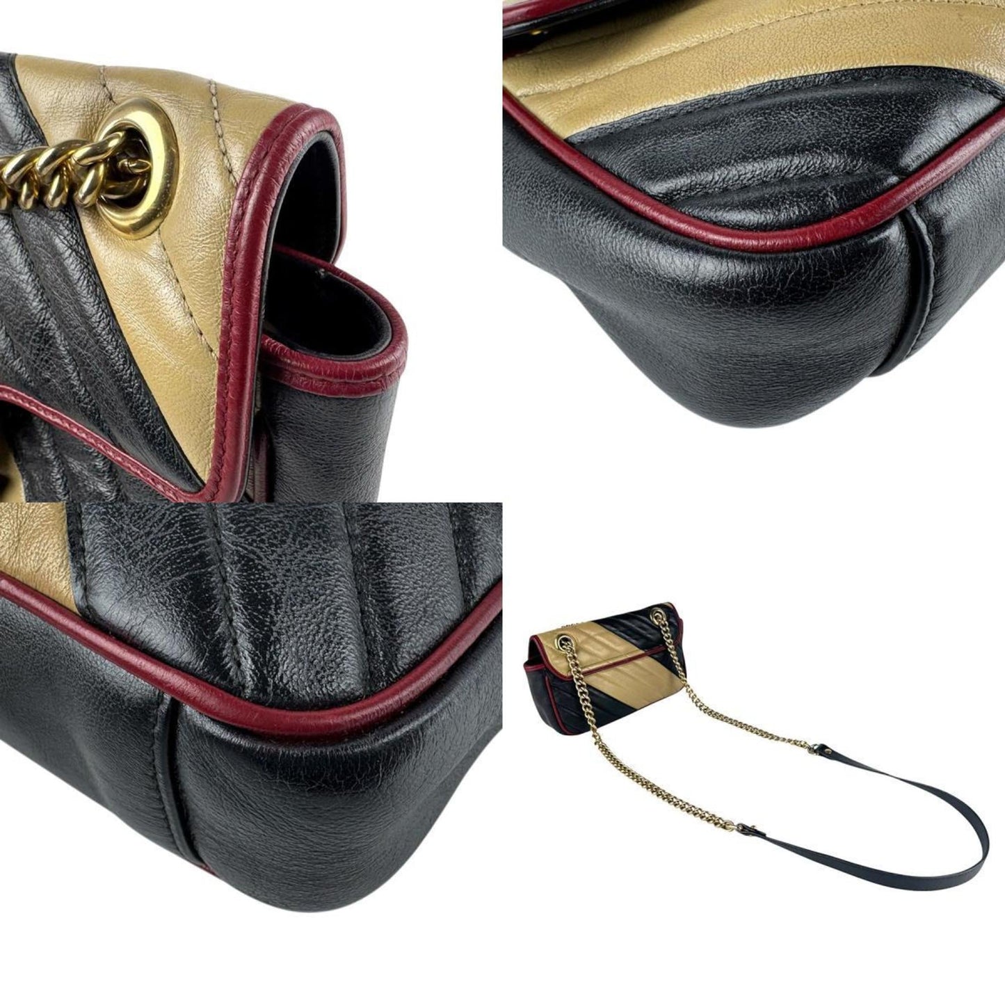 Gucci Beige Black Gold Leather Metal Shoulder Bag ( )