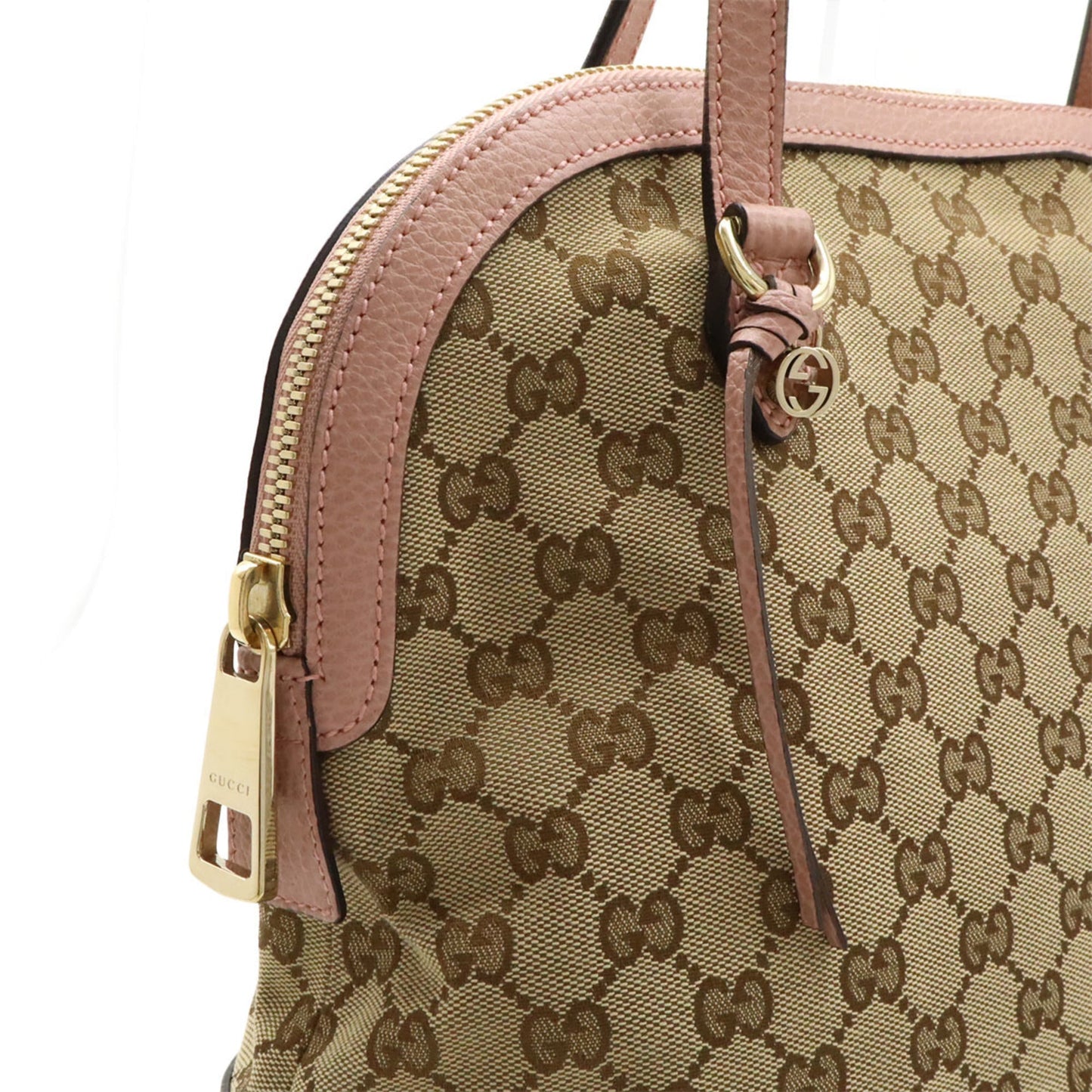 Gucci Beige Khaki Pink Gg Canvas Leather Shoulder Bag Tote Bag ( )