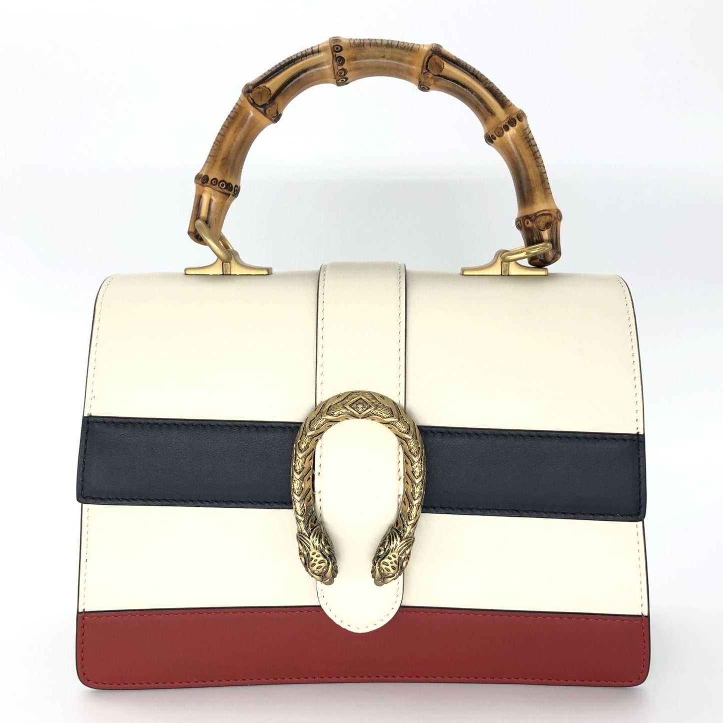 Gucci Ivory Navy Red Color Bamboo Leather Handbag ( )