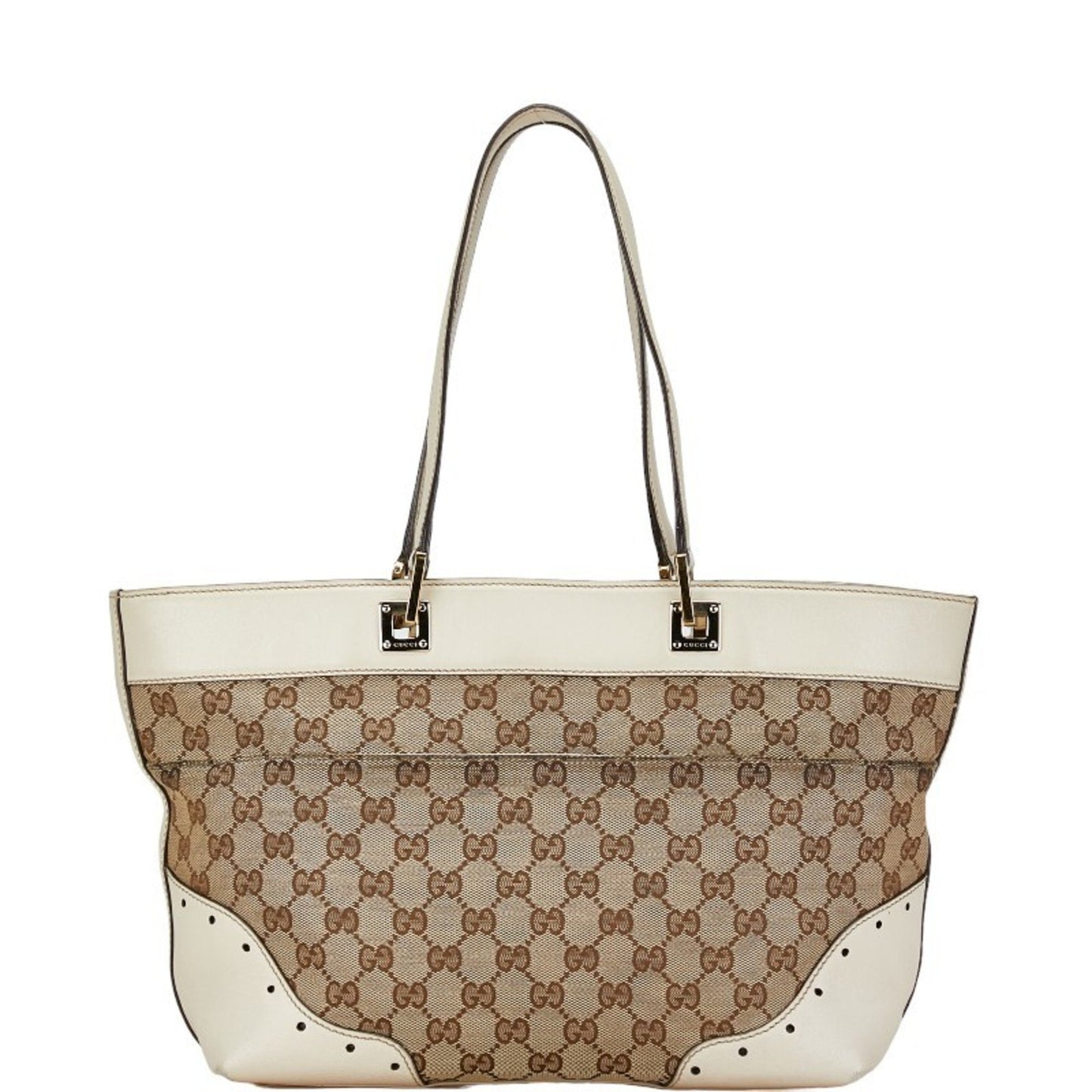 Gucci Beige White Gg Canvas Leather Handbag Tote Bag ( )