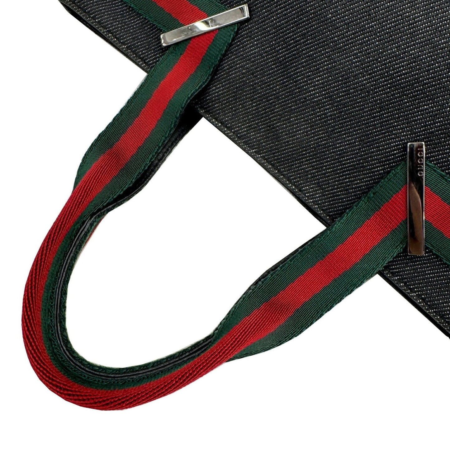 Gucci Sherry Line Black Denim Leather Handbag Tote Bag ( )