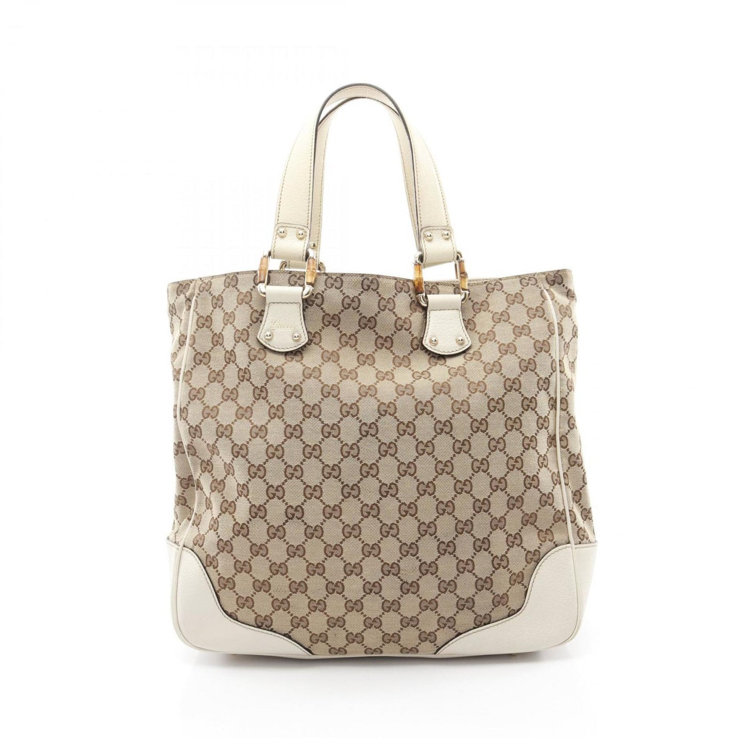 Gucci Beige White Canvas Leather Tote Bag ( )