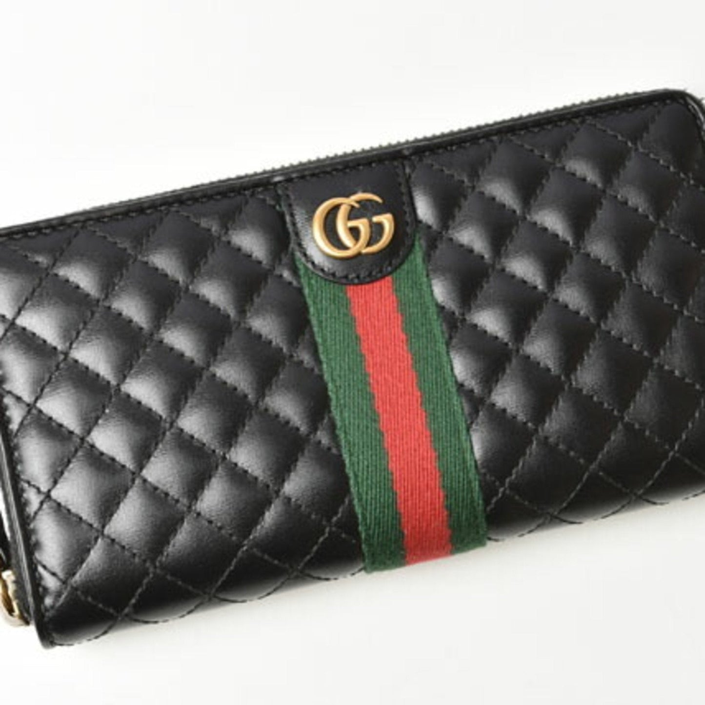 Gucci Black Green Red Color Quilting Long Wallet (Bi-Fold)