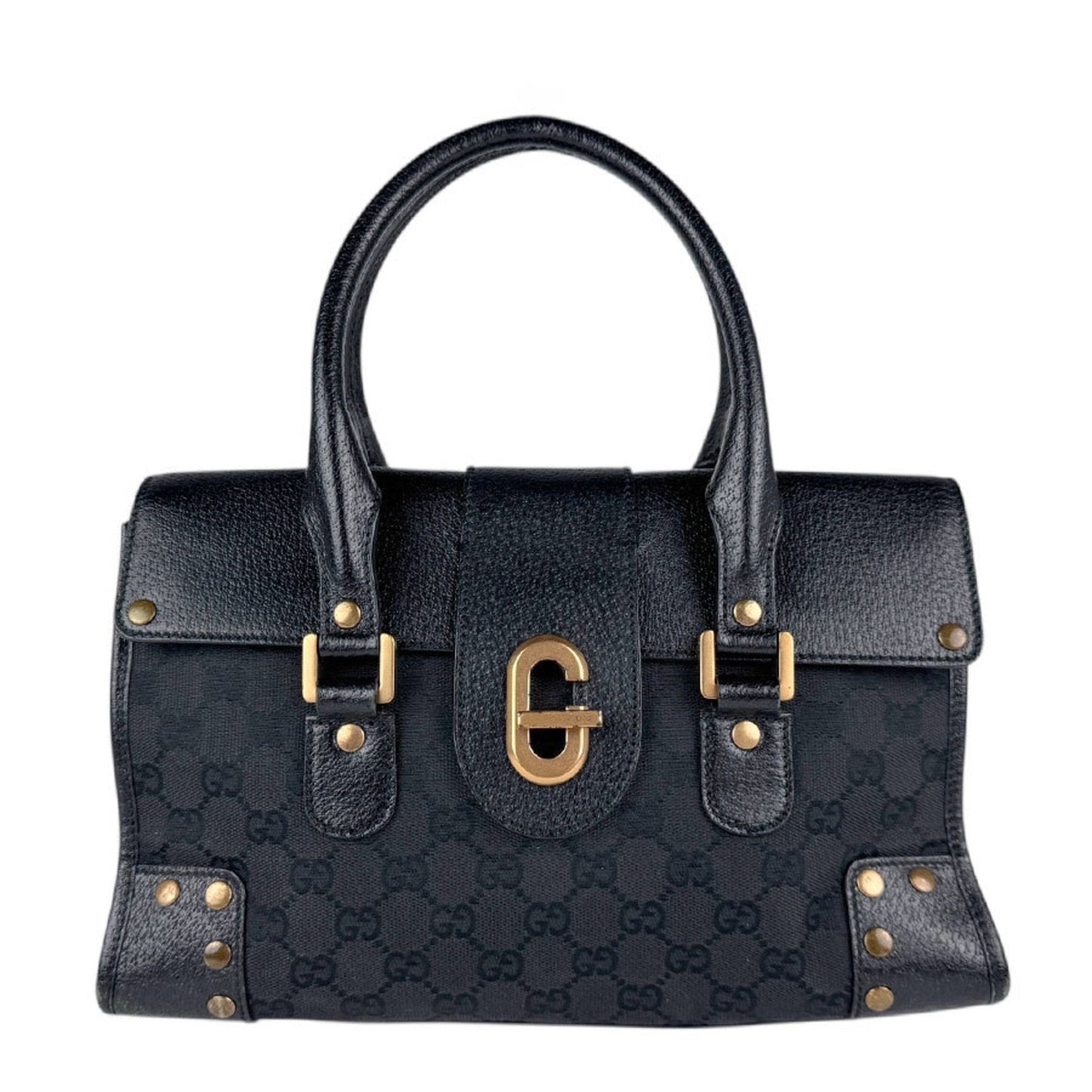 Gucci Black Gg Canvas Leather Handbag ( )