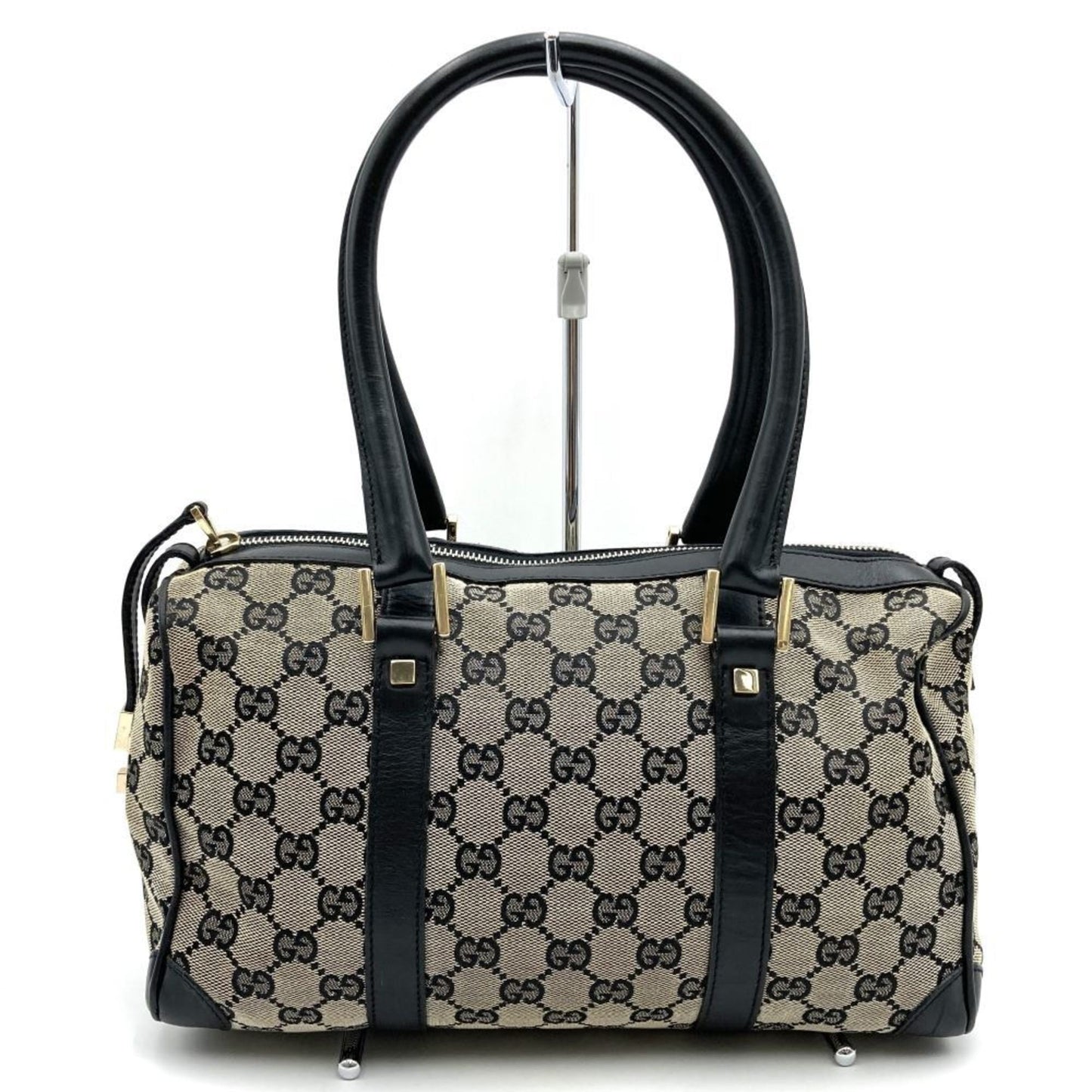 Gucci Black Gg Canvas Leather Boston Bag Handbag