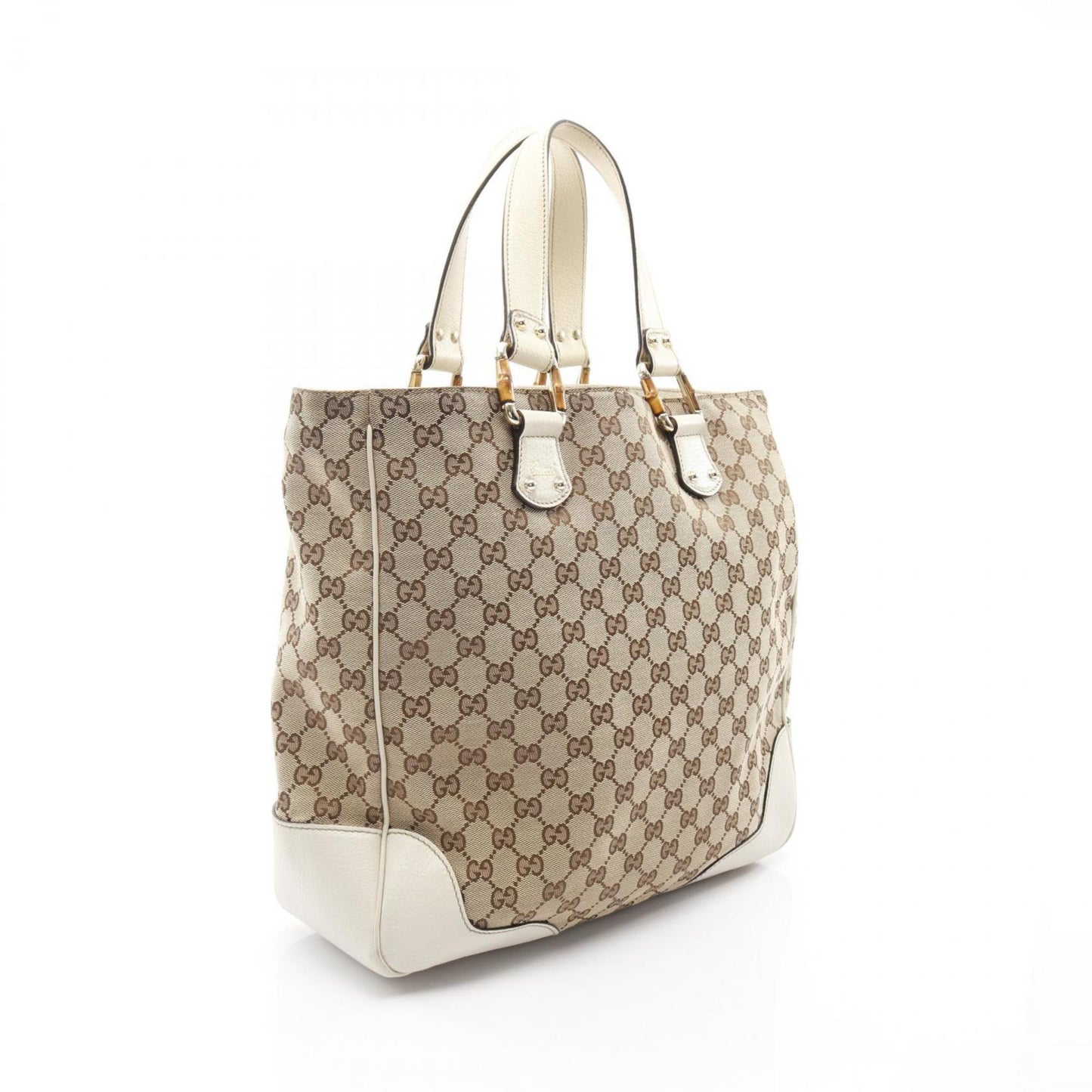 Gucci Beige White Canvas Leather Tote Bag ( )