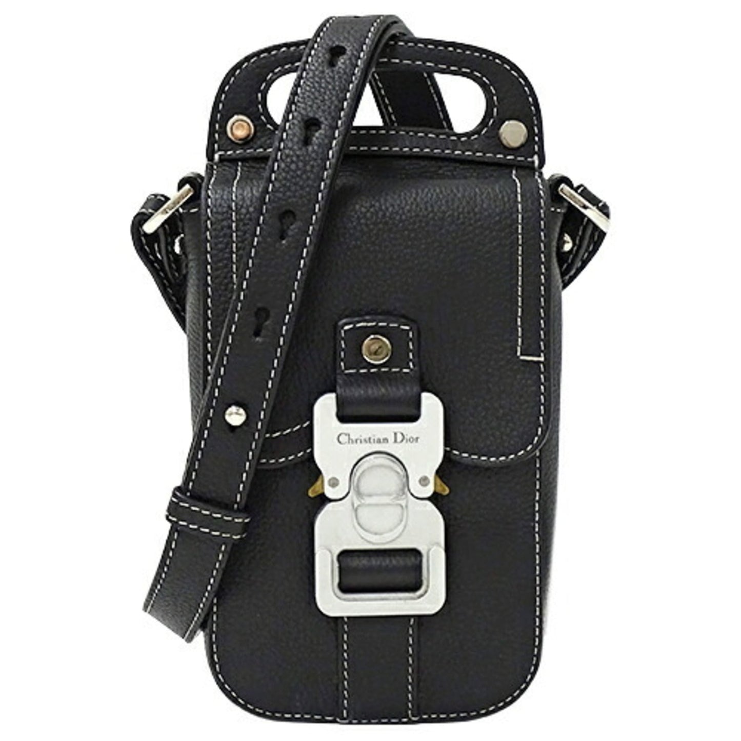CHRISTIAN DIOR Bag Men's Shoulder Pouch Leather Saddle Vertical Black Micro