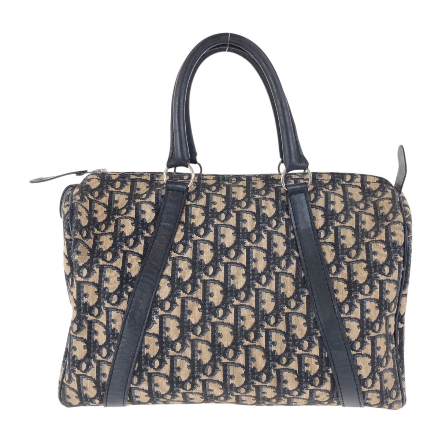Christian Dior Trotter Beige Navy Canvas Leather Boston Bag Handbag ()