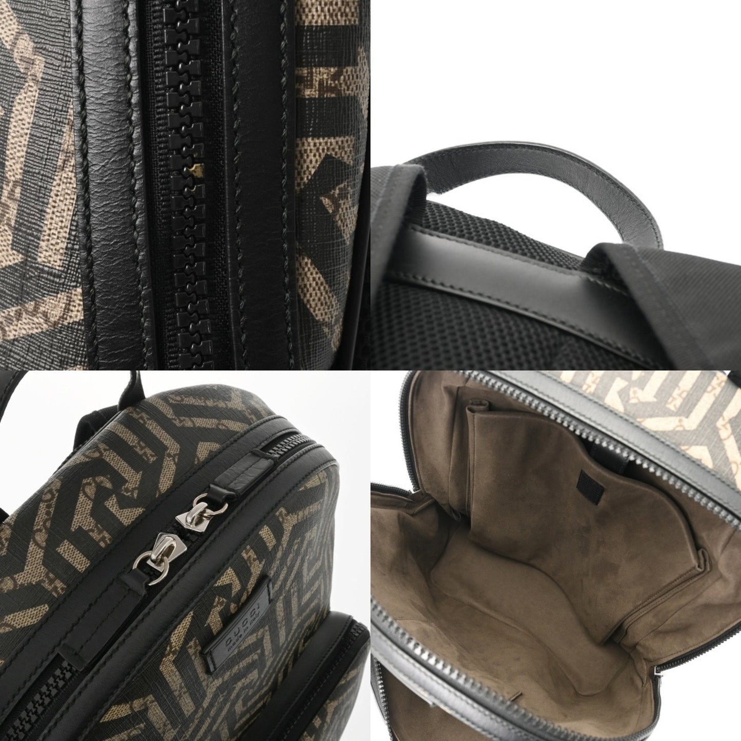 Gucci Beige Black Leather Gg Supreme Canvas Backpack ( )