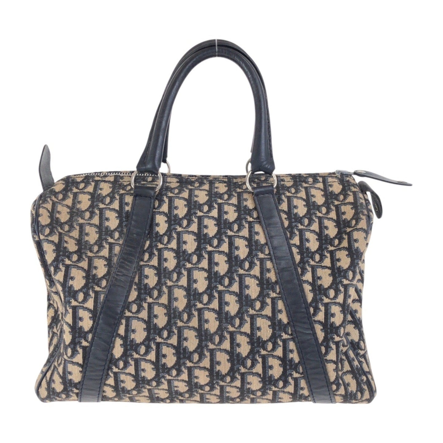 Christian Dior Trotter Beige Navy Canvas Leather Boston Bag Handbag ()