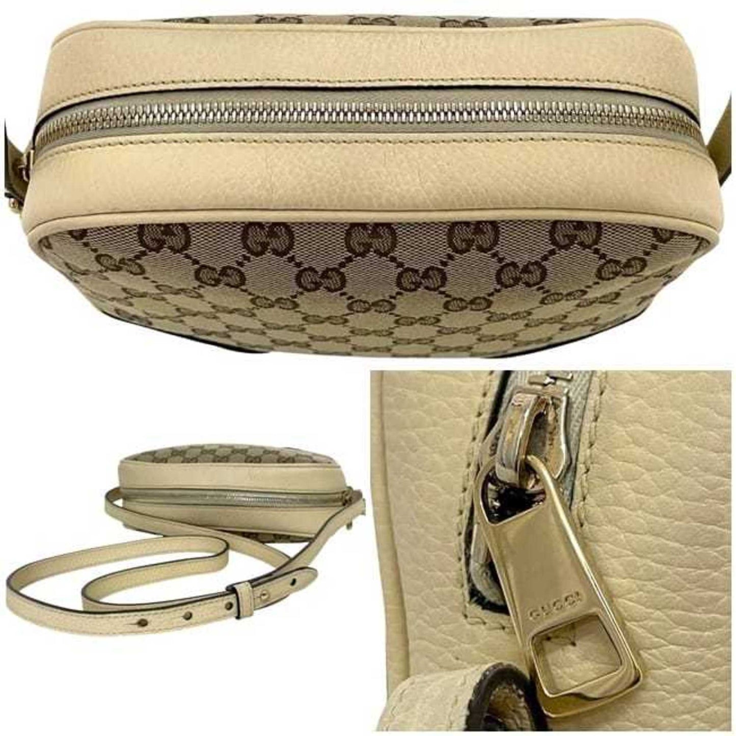 Gucci Beige White Canvas Leather Shoulder Bag ( )