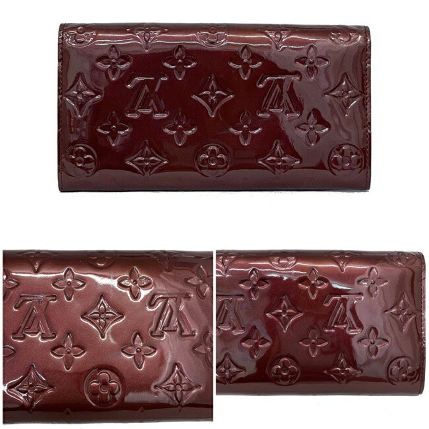 Louis Vuitton Long Bi-Fold Wallet Portofeuil Sara Wine Red Rouge Forvist Monogram Verni M91521 Patent Leather TS4110 LOUIS VUITTON Enamel Embossed Flap