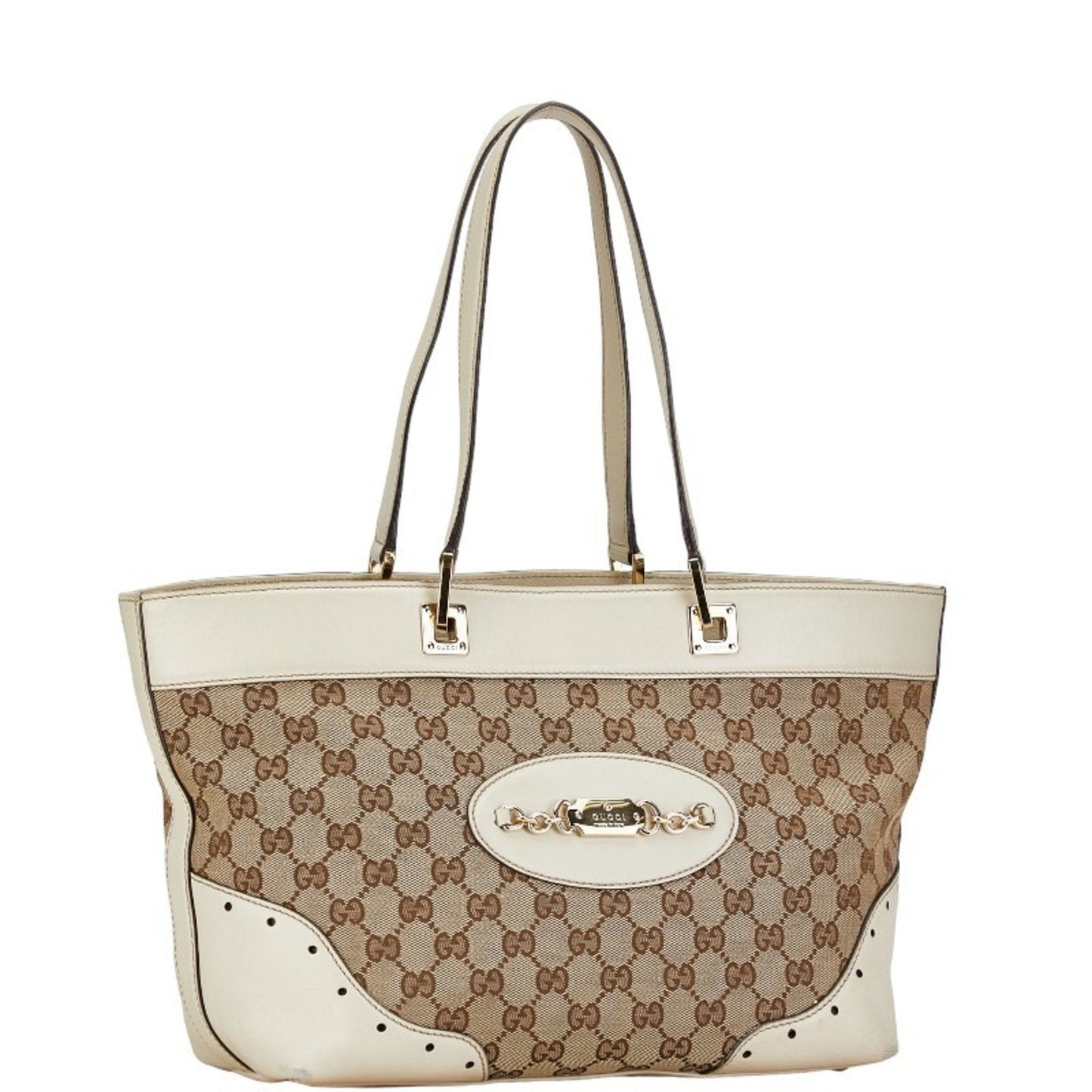 Gucci Beige White Gg Canvas Leather Handbag Tote Bag ( )