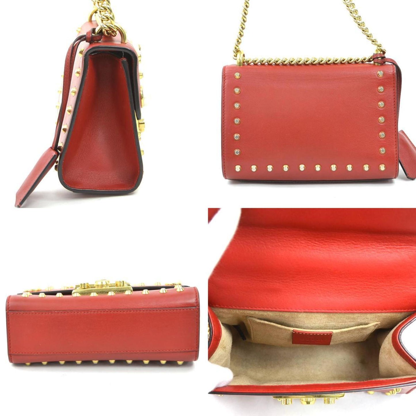 Gucci Red Color Leather Artificial Pearl Metal Shoulder Bag ( )