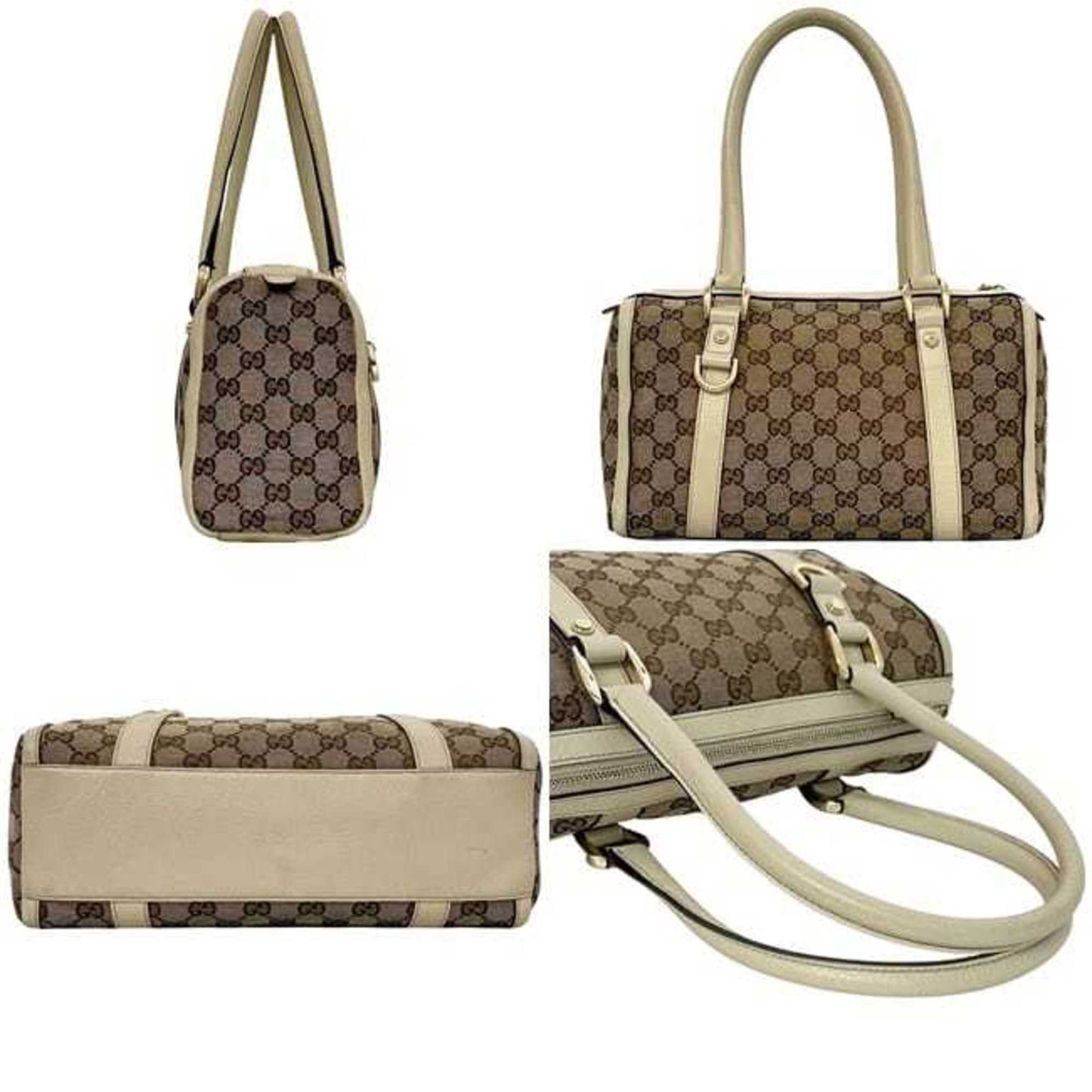 Gucci Beige White Canvas Leather Boston Bag Handbag ( )