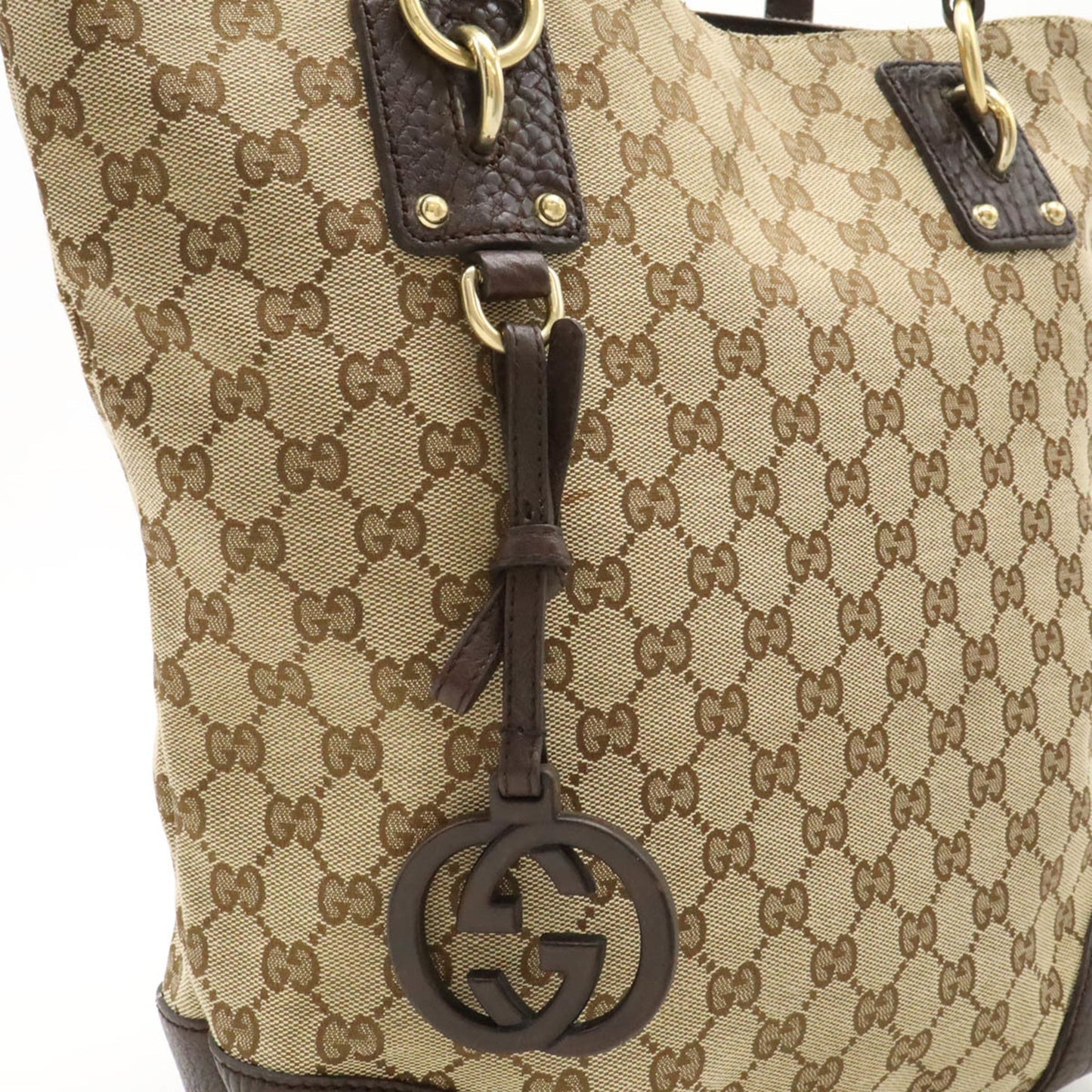 Gucci Beige Brown Dark Brown Khaki Gg Canvas Leather Shoulder Bag Tote Bag ( )