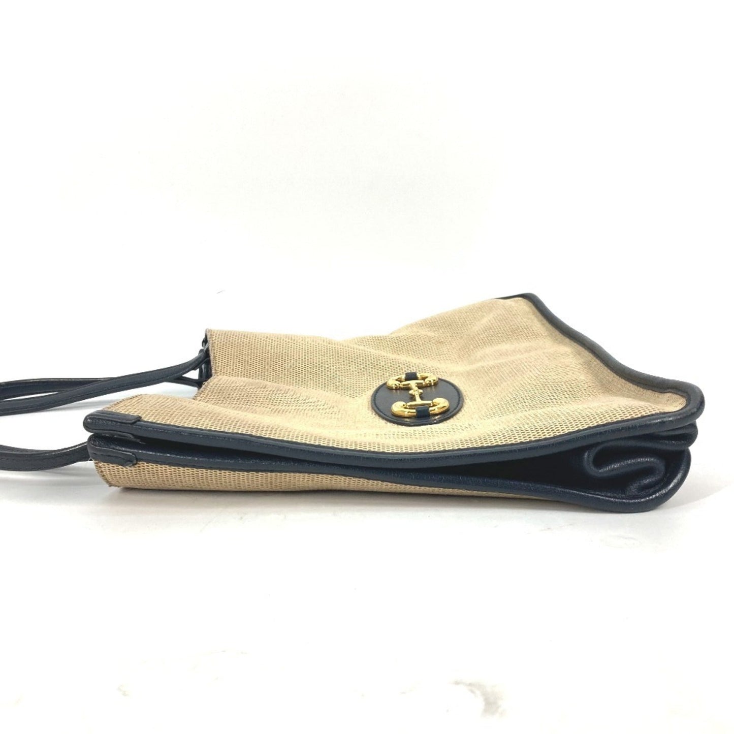 Gucci Beige Navy Canvas Leather Shoulder Bag Tote Bag ( )
