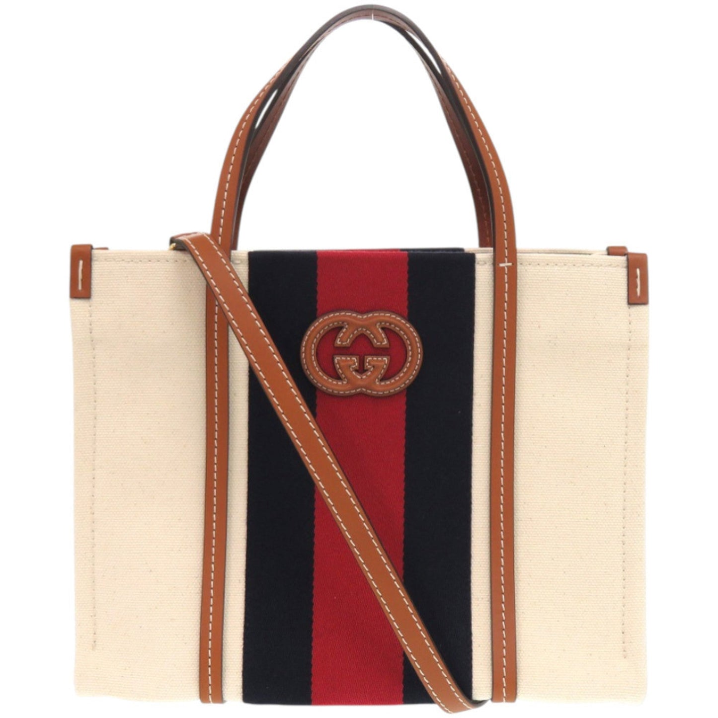 Gucci Sherry Line Navy Red Color White Canvas Tote Bag ( )