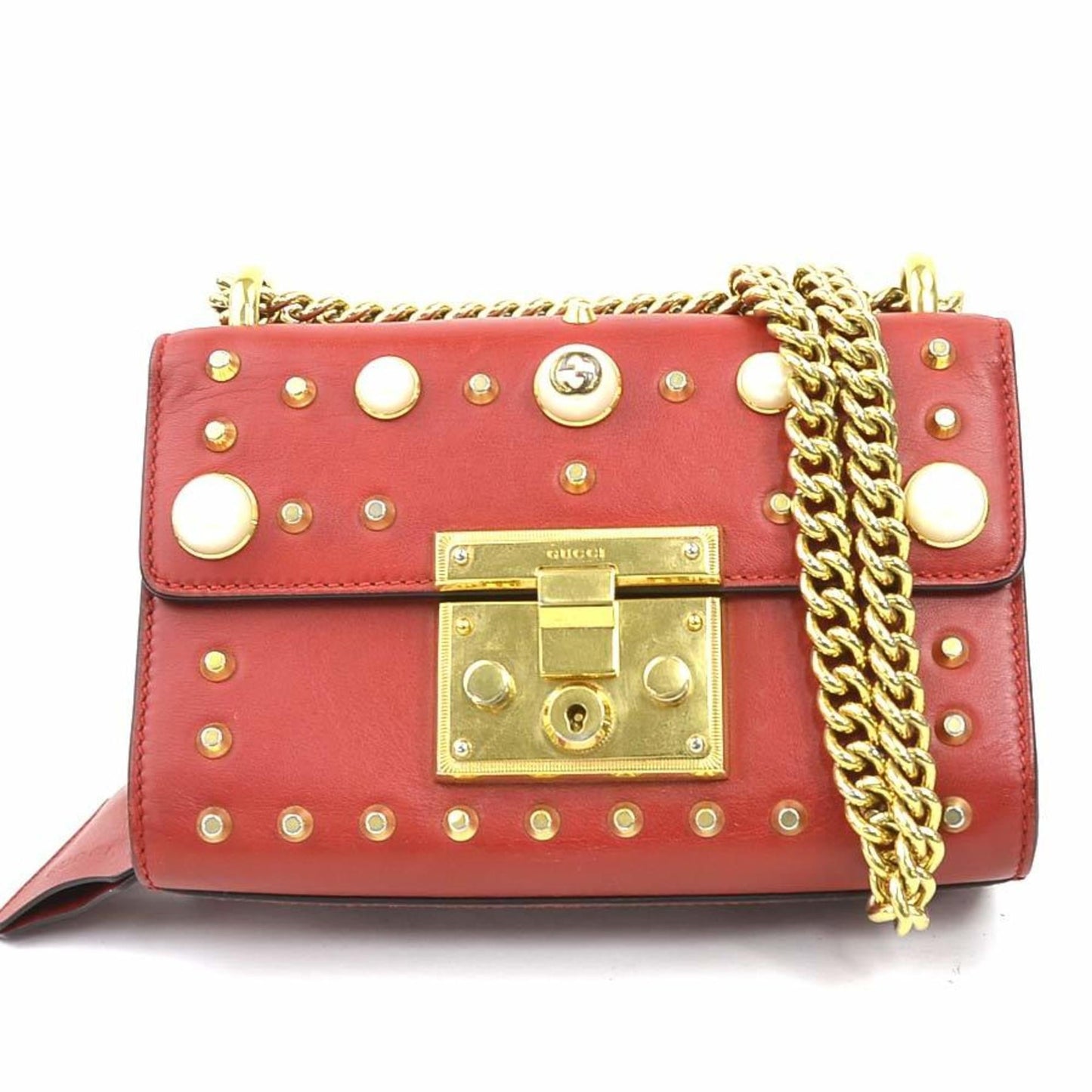 Gucci Red Color Leather Artificial Pearl Metal Shoulder Bag ( )