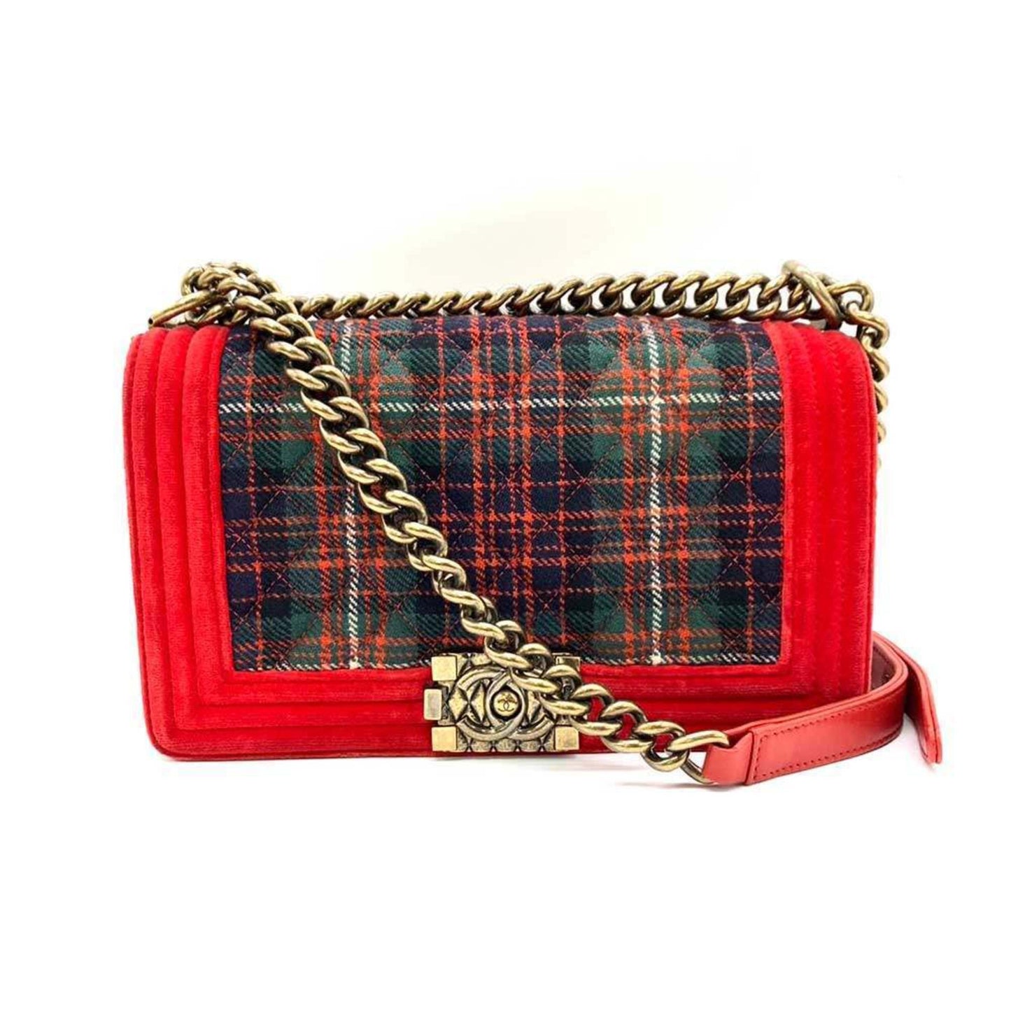 Chanel Bag Boy Chain Shoulder Red x Green Checkered Horizontal Women's Velour Canvas CHANEL