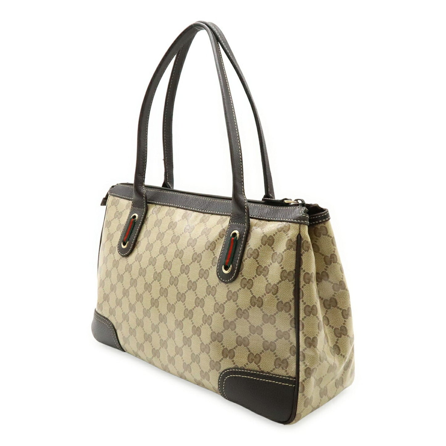 Gucci Beige Dark Brown Khaki Multi-Color Gg Crystal Leather Handbag Tote Bag ( )