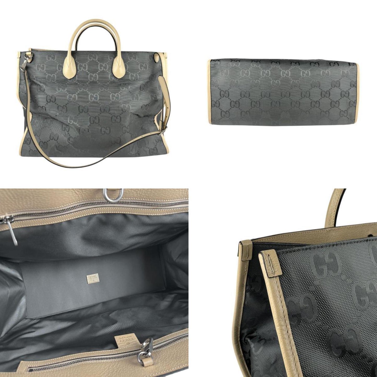 Gucci Beige Gray Nylon Canvas Leather Handbag Shoulder Bag ( )