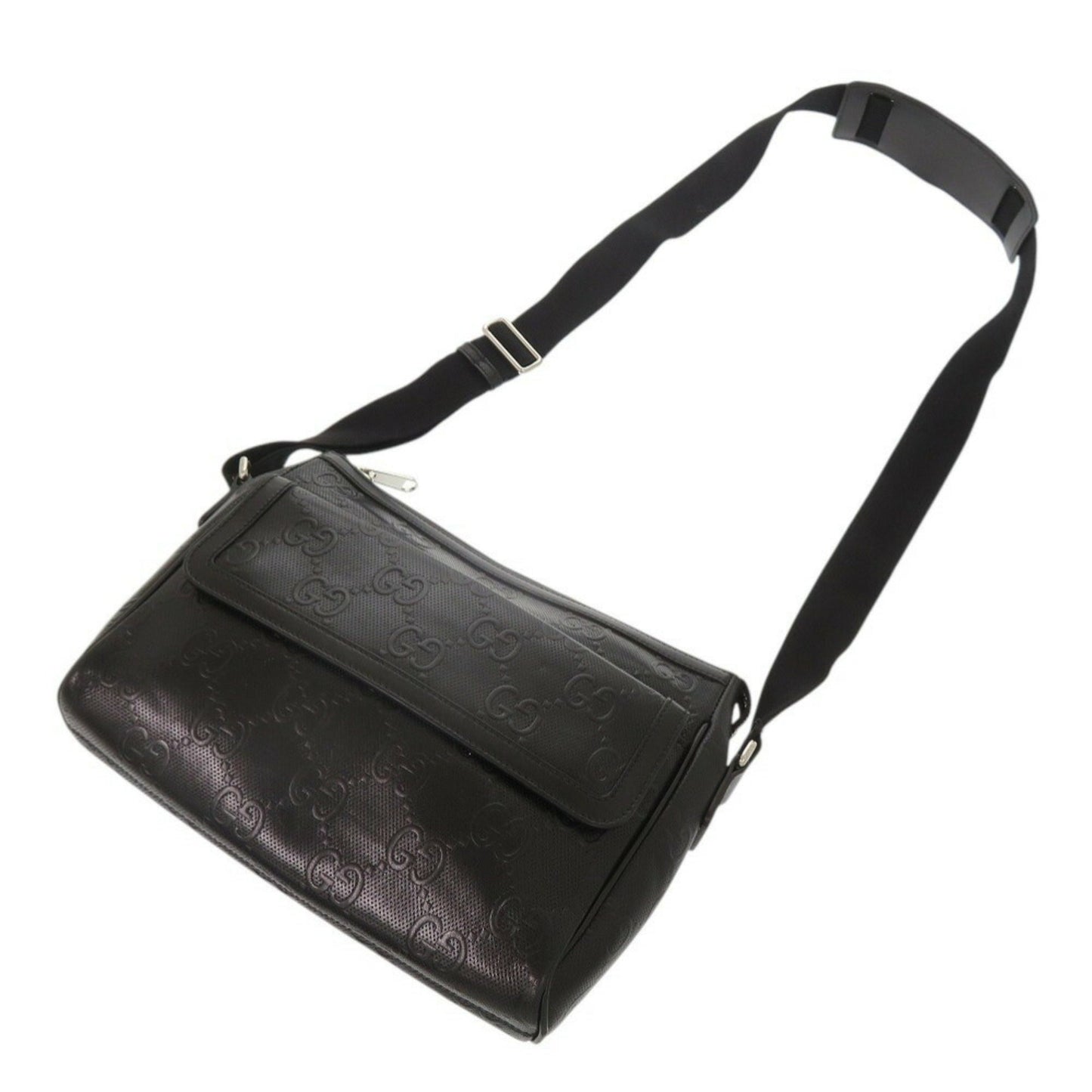Gucci Black Gg Leather Embossed Leather Messenger Bag Shoulder Bag ( )