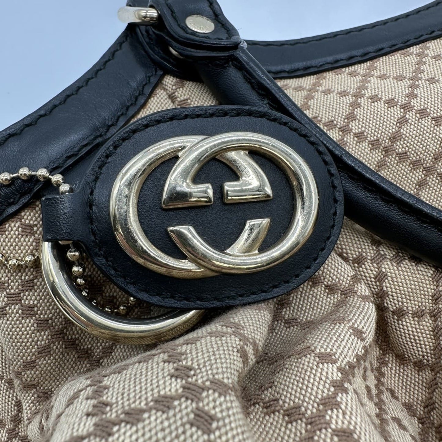 Gucci Beige Black Brown Canvas Leather Tote Bag ( )
